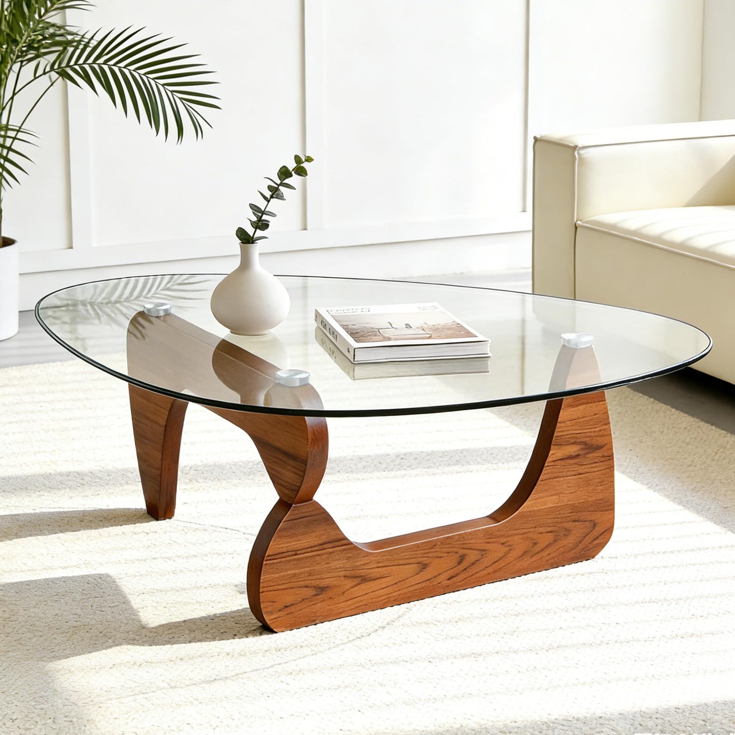 Coffee Table for Living Room, Small Coffee Table with Triangle Tempered Glass Top & Wood Legs, Modern Oval Abstract Dining Center Tables for Home Office Industrial Cocktail Tables 111