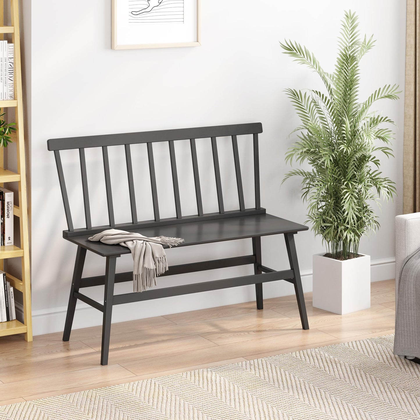 Wisuce Essentials Bamboo Dining Bench, Entryway Bench with Spindle Back Farmhouse Wood Windsor for Foyer Balcony Living Room (Black)
