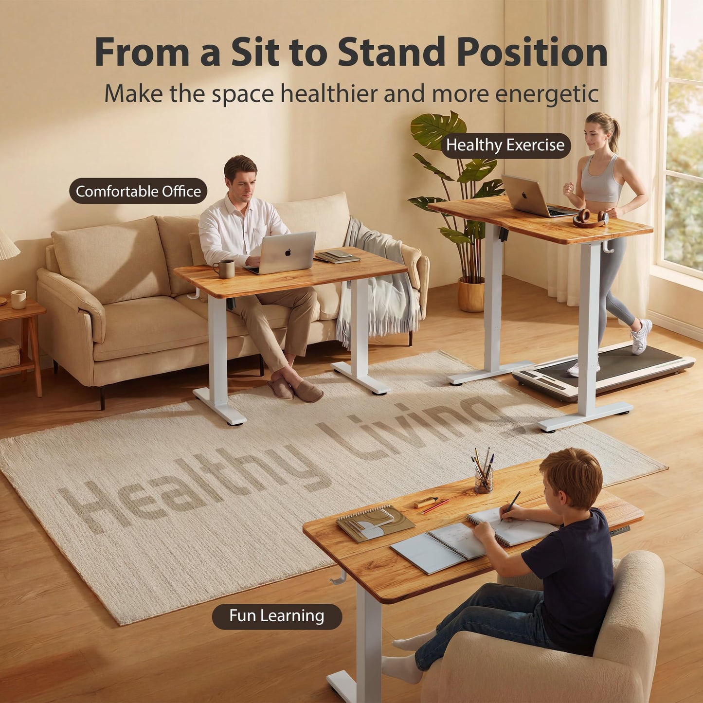 Cubiker Standing Desk, 55x28 Inches Sit Stand Home Office Desk, Electric Stand up Desk, Adjustable Desk with Splice Board, White Frame/Light Rustic Top