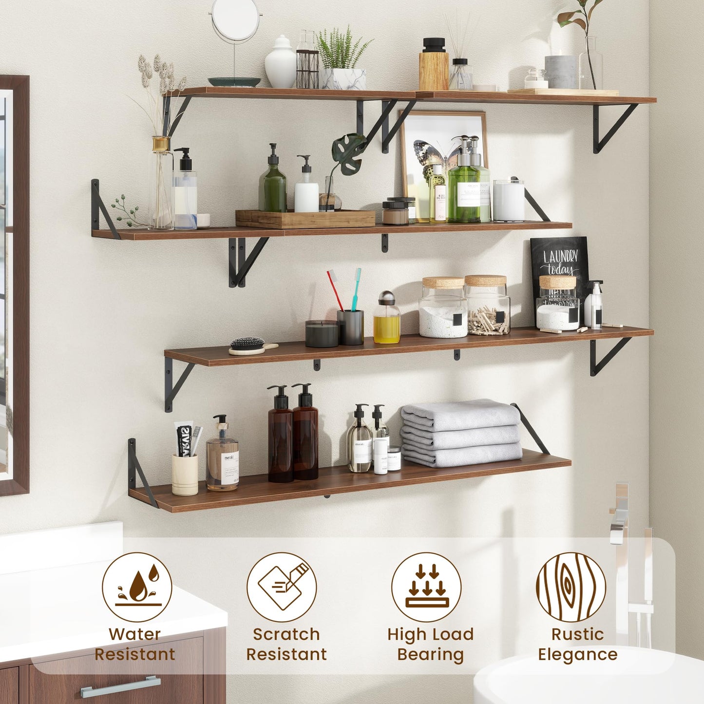 Acovy Floating Shelves with Black Metal Brackets Set of 2,30" Wx8 D Wall Mounted Shelves Floating Bookshelf,Hanging Storage Shelf for Living Room,Bedroom,Bathroom,Office,Walnut