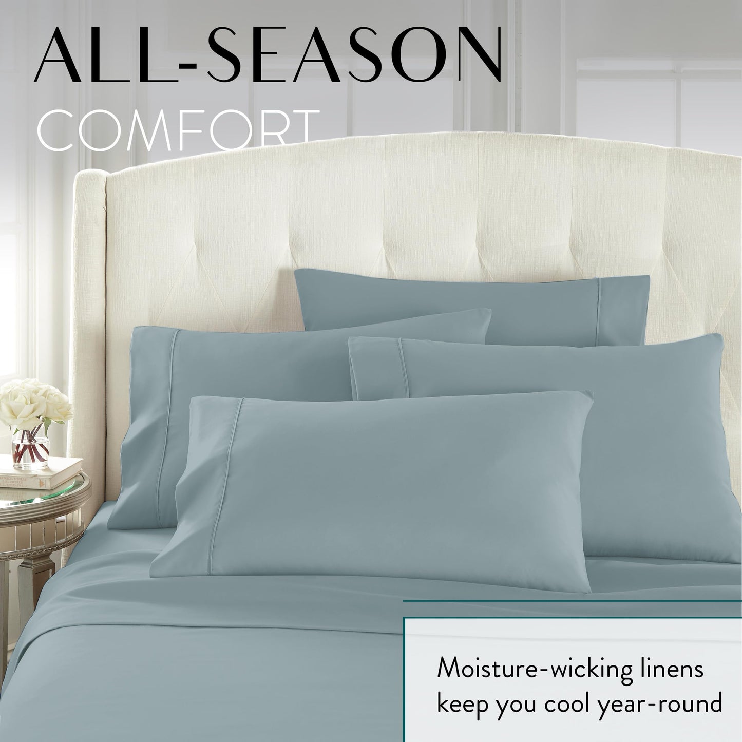 Danjor Linens Bed Sheet Set Queen Size for Hot Sleepers, Hotel Premium Sheets with 4 Pillowcases, Lightweight Brushed Microfiber Deep Pockets, Breathable Cooling 6 Piece Bedding Sets, Spa Blue