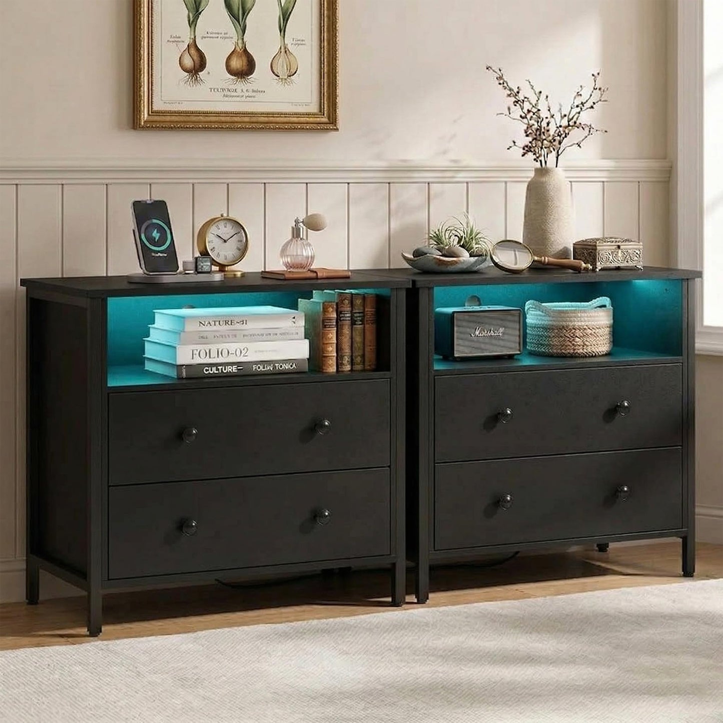 Tykacna 27 Inch Wide Night Stand, Large Wood Night Stand Set 2 with 2 Drawers, LED Nightstand with Charging Station and Adjustable Drawer, Bedside Table for Living Room/Bedroom/Study/Office, Black.