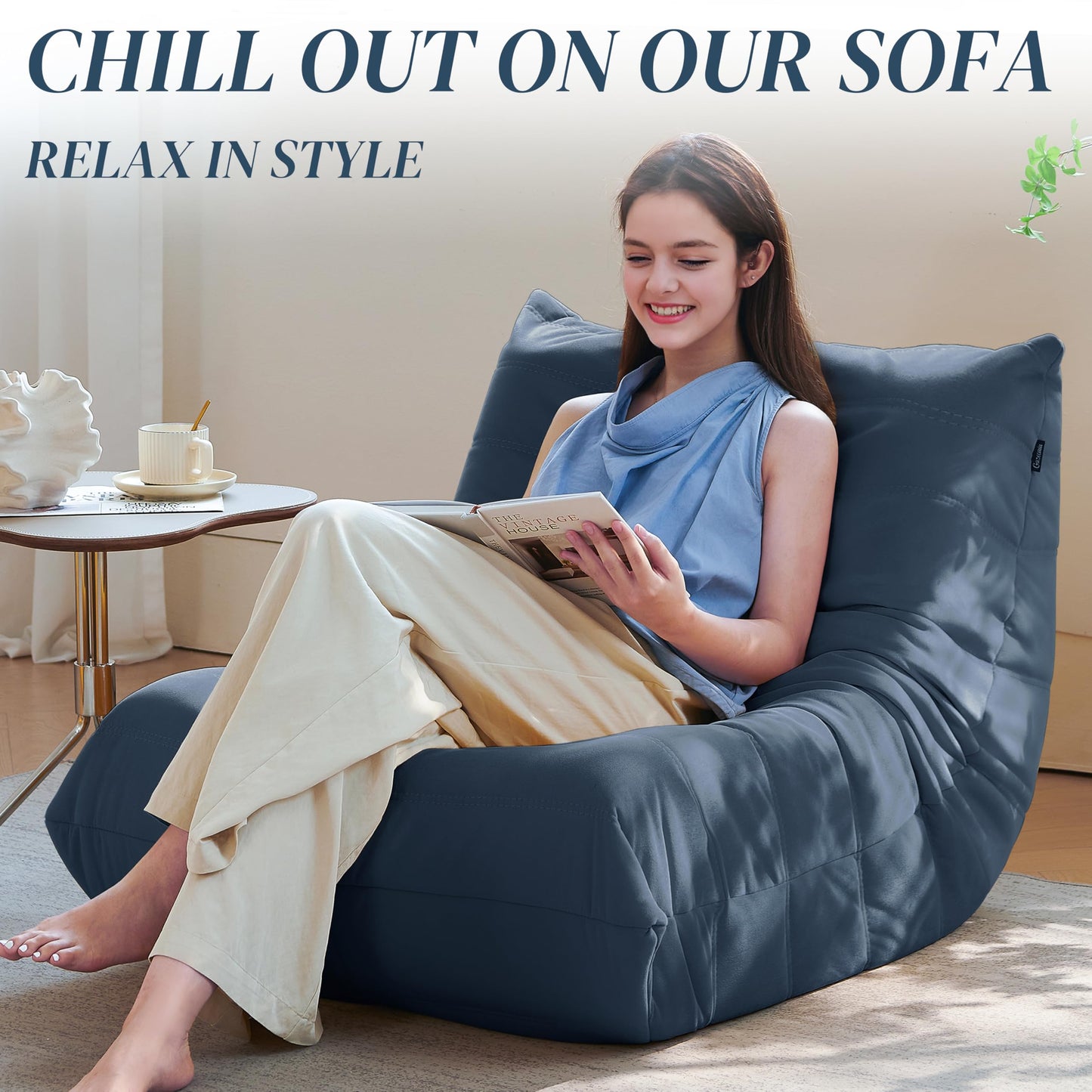 Bean Bag Chair, Fireside Chair Bean Bag Sofa for Adults, Bean Bag Chairs for Teens with High-Resilience Foam, Memory Foam & Non-Slip Base Bean Bag for Living Room, Bedroom, Office (Suede, Dark Blue)