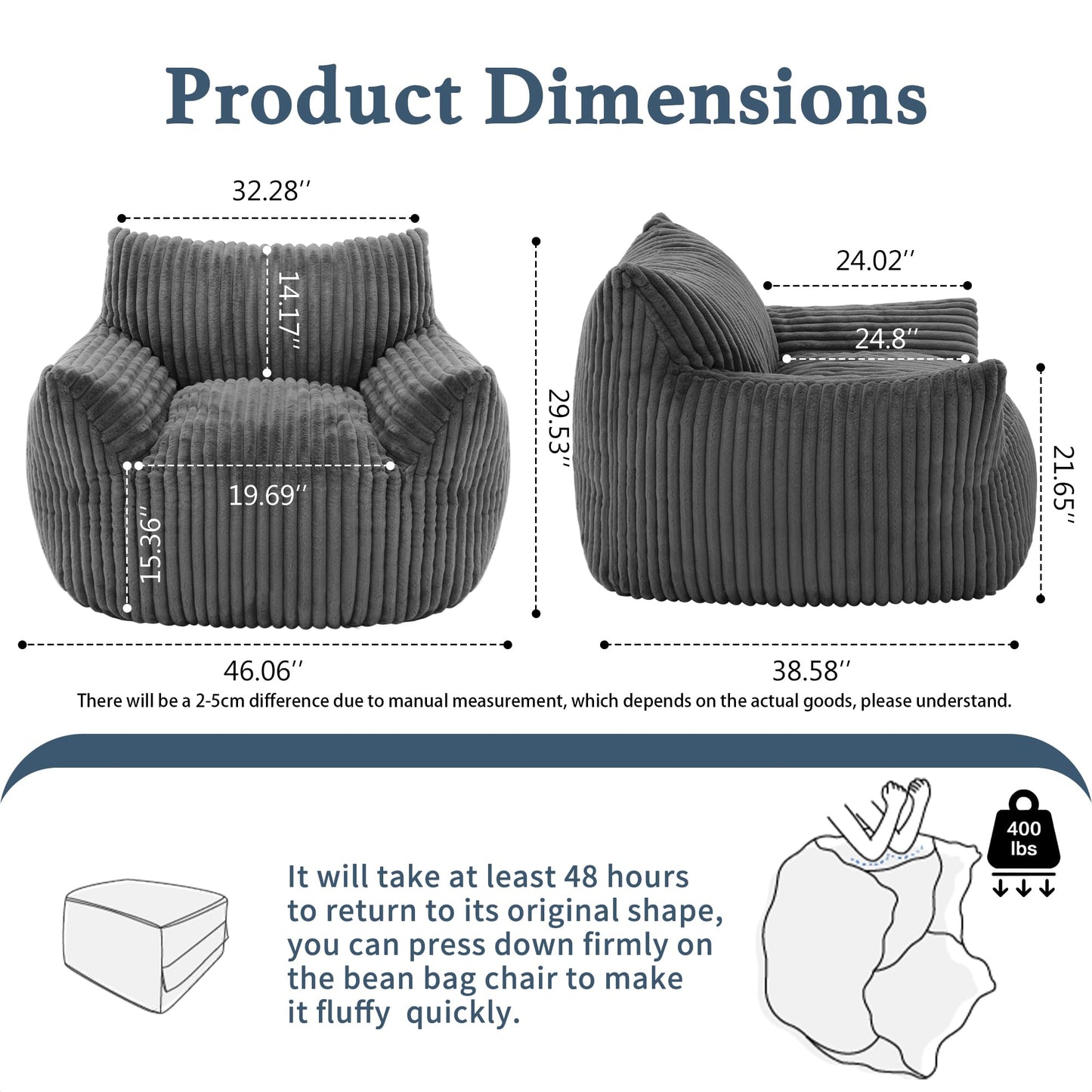 Giant Plush Bean Bag Chair for Adults with Armrests - Oversized Comfy Grey Beanbag Lounge Lazy Floor Sofa Accent Chair for Living Room, Bedroom & Dorm, Cozy Fluffy Single Cloud Mini Couch