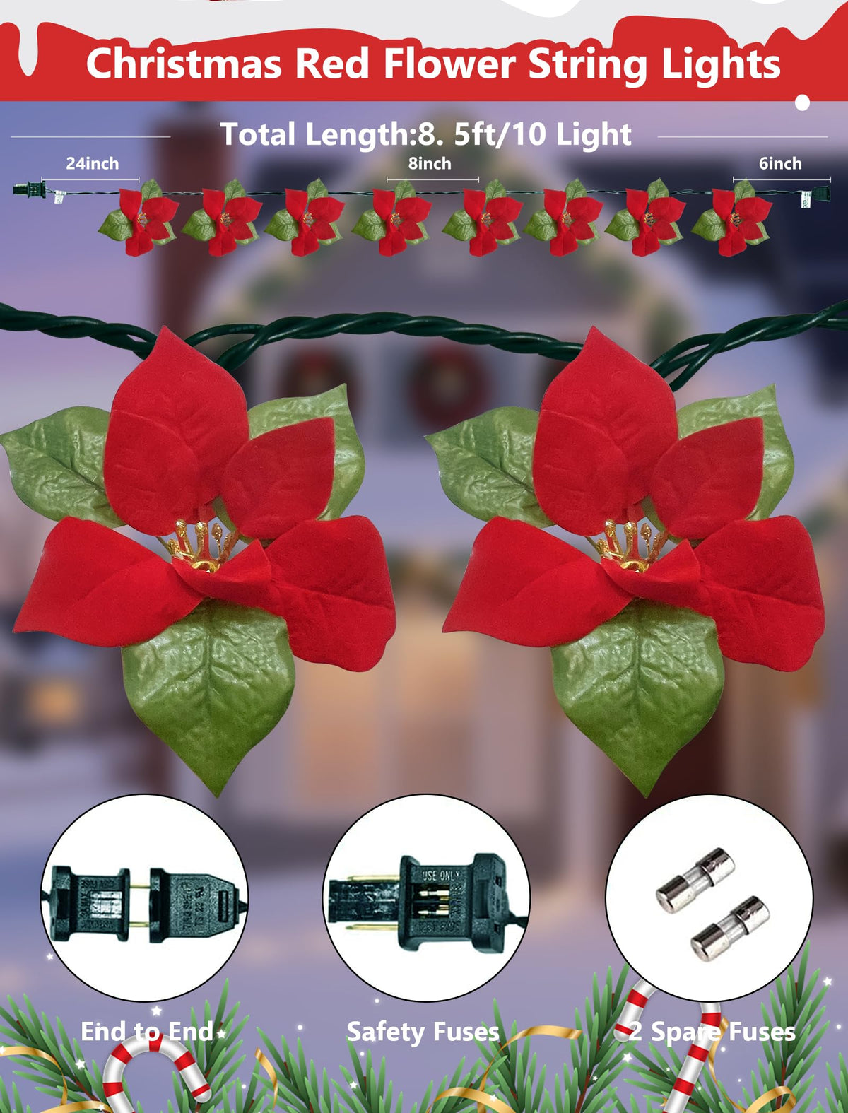 8.5FT Christmas LED Flower String Lights, Christmas Decorations Lights Outdoor with 10 LED Red and Green Flowers Bulbs, Plug in Flower Fairy Light for Valentines Wedding Garden Porch Floral Decor