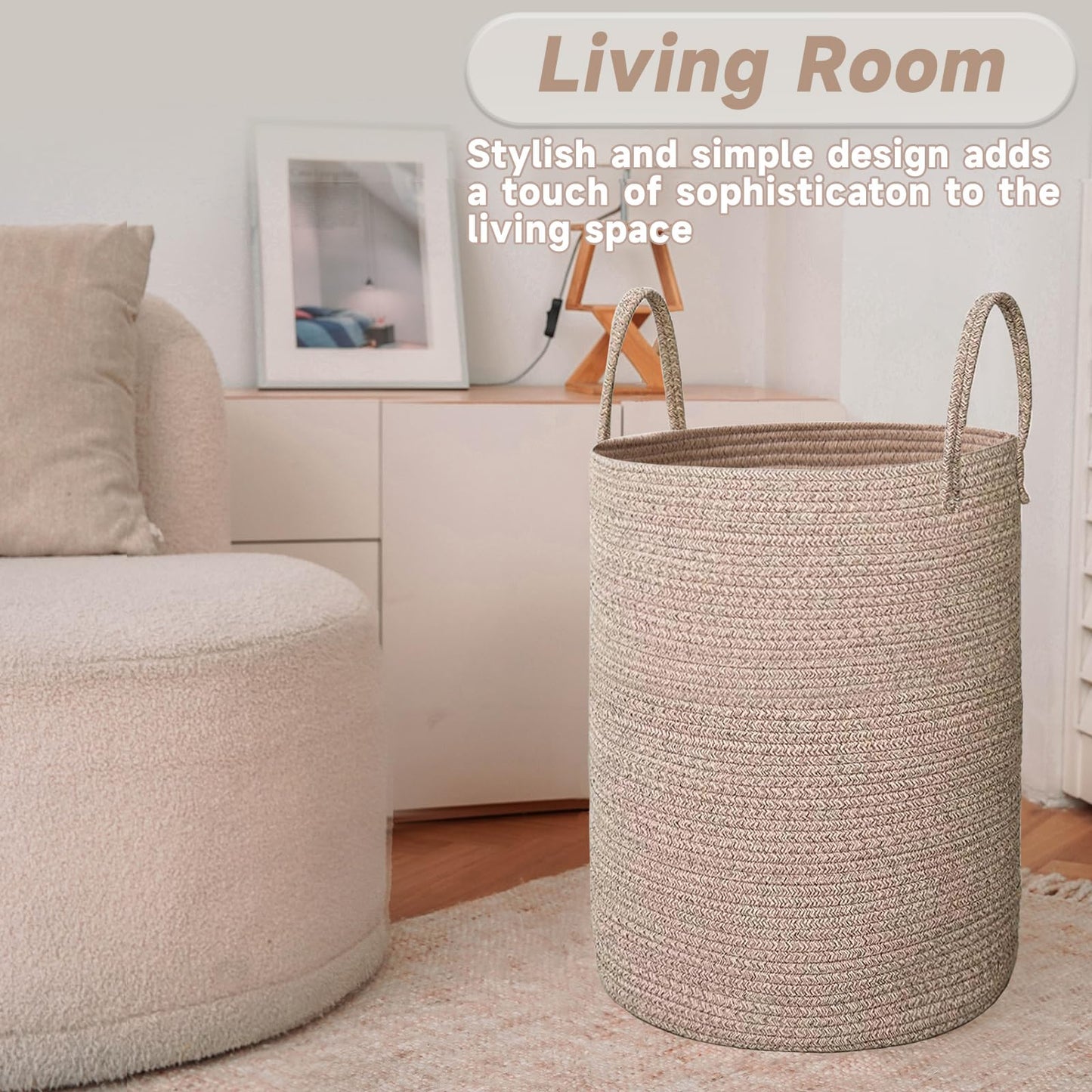 JMvicyroam Large Woven Laundry Basket Hamper,60L Cotton Rope Storage Bin for Blankets,Toys and Clothes,Decorative Tall Nursery Hamper for Living Room,Baby Nursery,Bathroom and Bedroom,Oatmeal