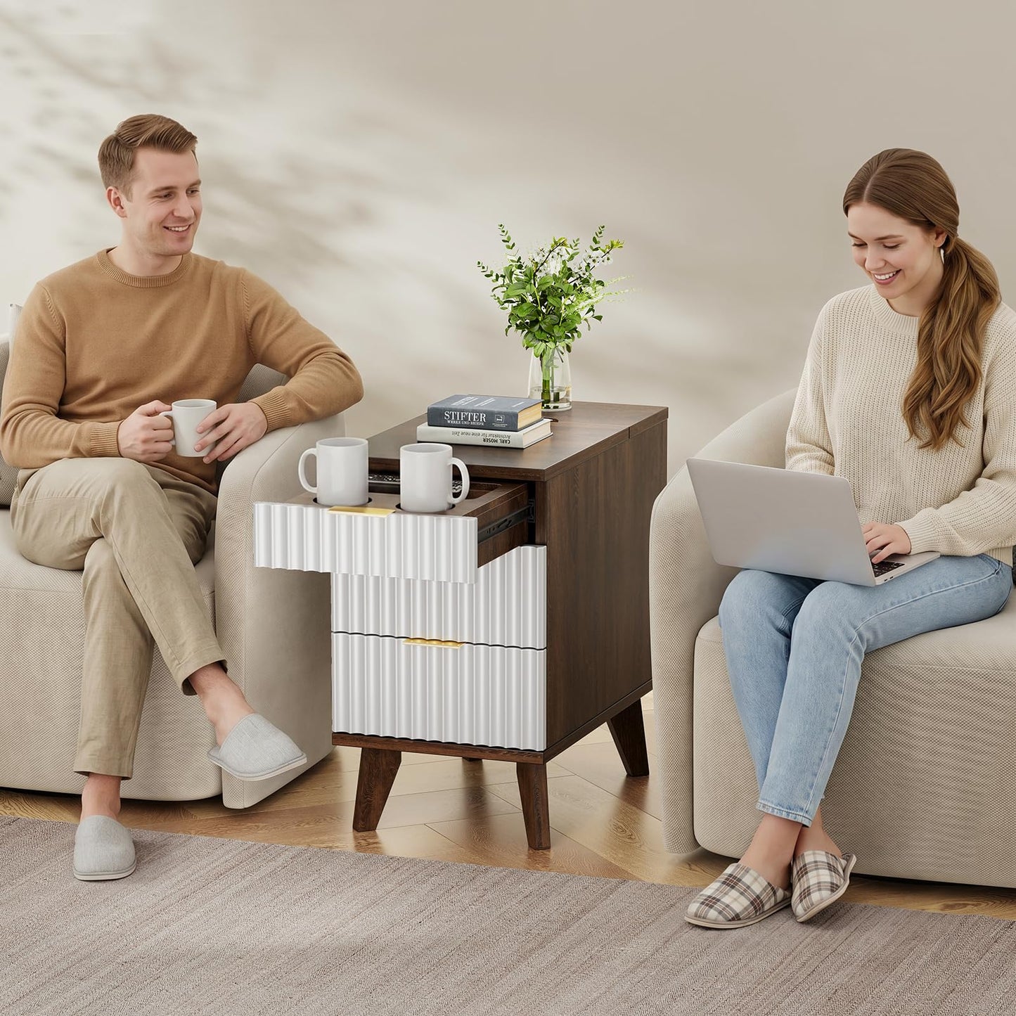 Kalrin Charging Nightstand with Hidden Outlets & 3 Drawers, Modern End Table, Bedside Table with USB Ports, Wave Groove Design, Compact Size, Heavy Duty Engineered Wood, Brown & White