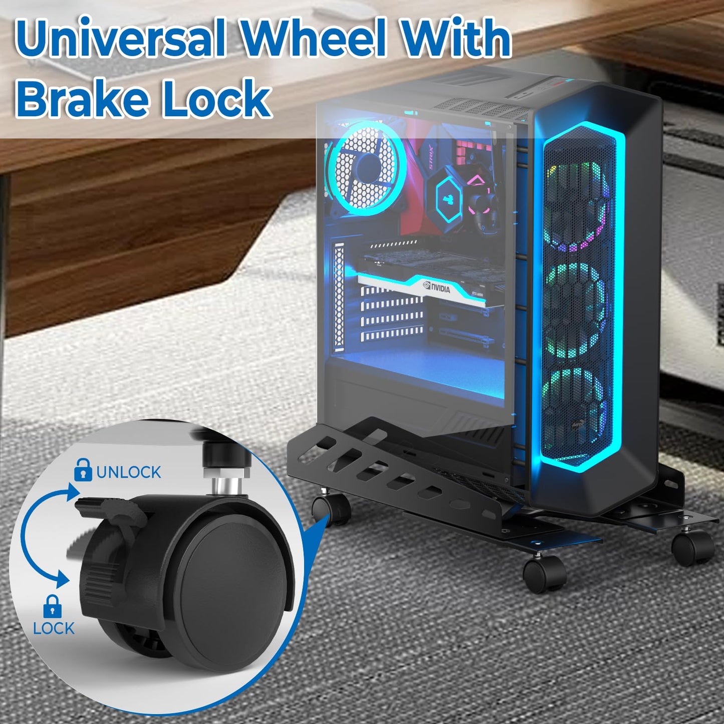 AGPTEK Adjustable CPU Stand, Steel Rolling Computer Tower Stand, Black