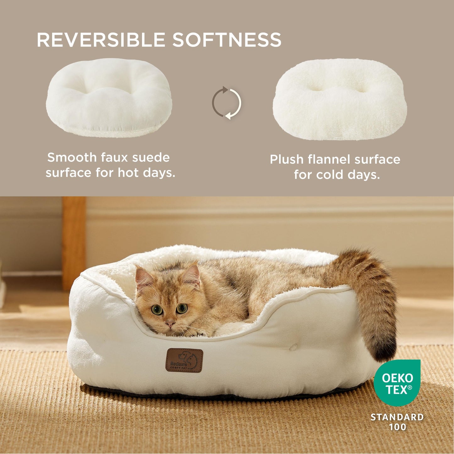 Bedsure Dog Beds for Small Dogs - Round Cat Beds for Indoor Cats, Washable Pet Bed for Puppy and Kitten with Slip-Resistant Bottom, 20 Inche, Ivory