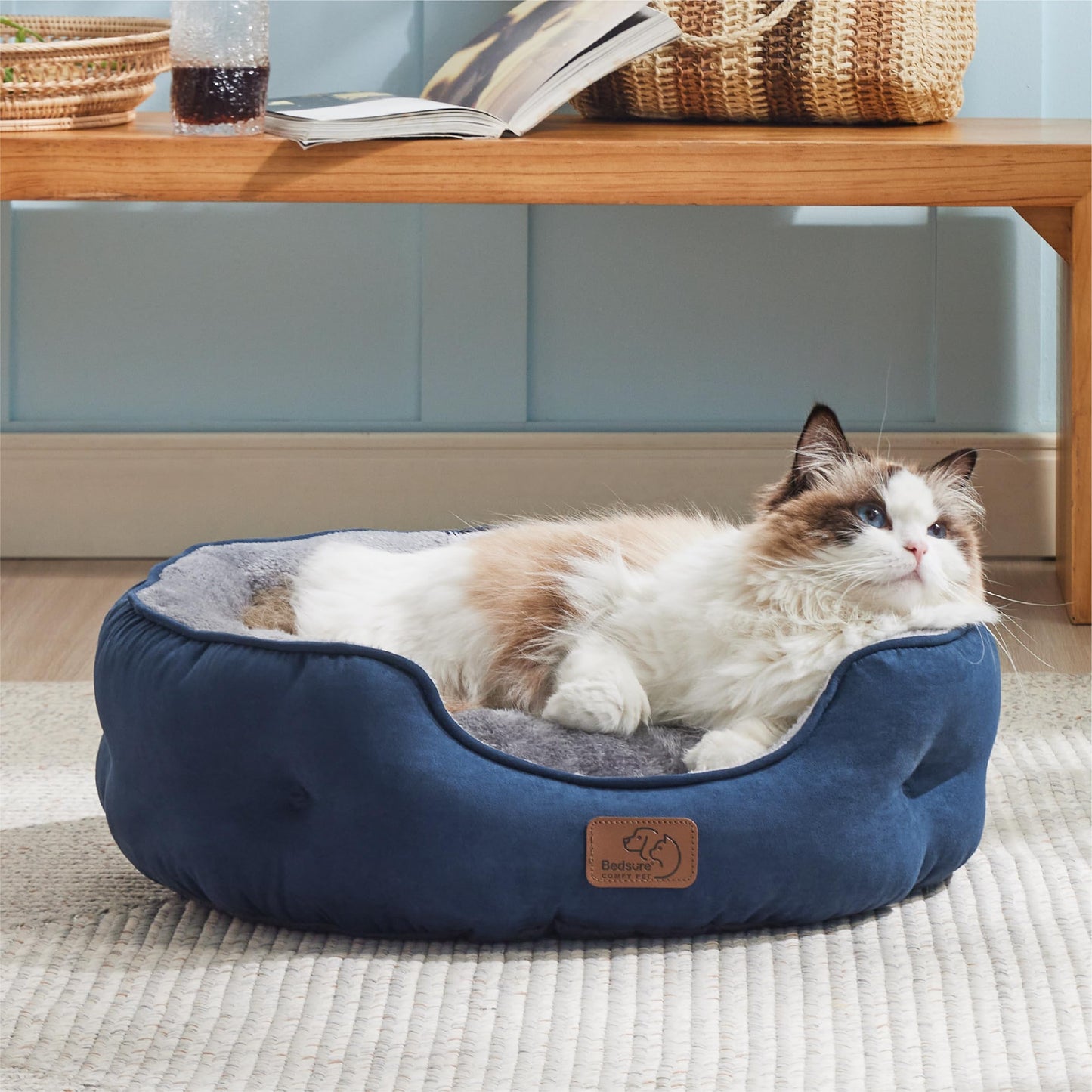 Bedsure Dog Beds for Small Dogs - Round Cat Beds for Indoor Cats, Washable Pet Bed for Puppy and Kitten with Slip-Resistant Bottom, 20 Inches, Navy