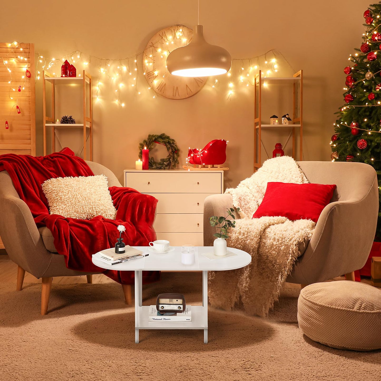 White Coffee Tables for Living Room,2-Tier Small Coffee Table Industrial Modern Oval Center Table with Storage Shelf and Wood Tabletop,for Small Space,Home Office