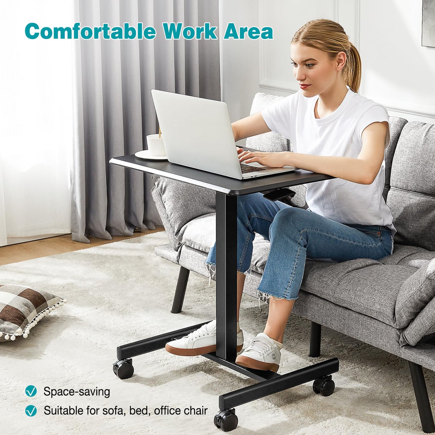 DUMOS Small Rolling Desk Mobile Standing Portable Laptop PC Table with Wheels Adjustable Height Computer Workstation for Home Office, Compact Small Space, Easy Assembly, Modern Black
