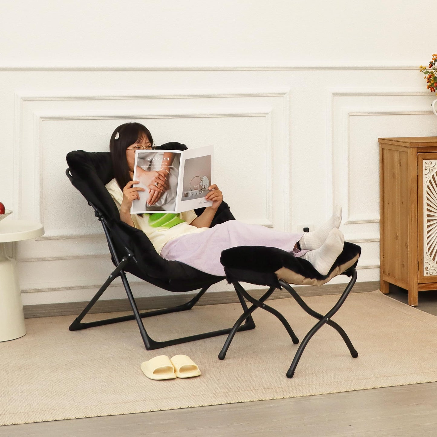 Mordchil HF Comfy Saucer Chair for Adults, Soft Faux Fur Bedroom Chair, Accent Dorm Chairs, Flexible Living Room Reading Chairs, Oversized Folding Seat for Teens, X-Large, Black