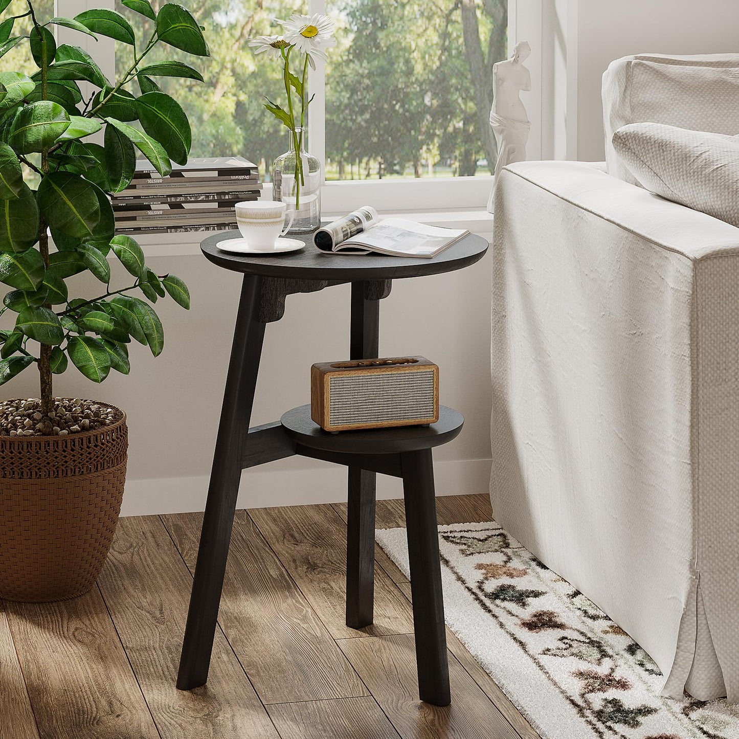ChooChoo Round End Table for Small Spaces, Narrow Side Table, Accent Table Night Stand with 2 Tier Shelf for Bedroom and Living Room, Black