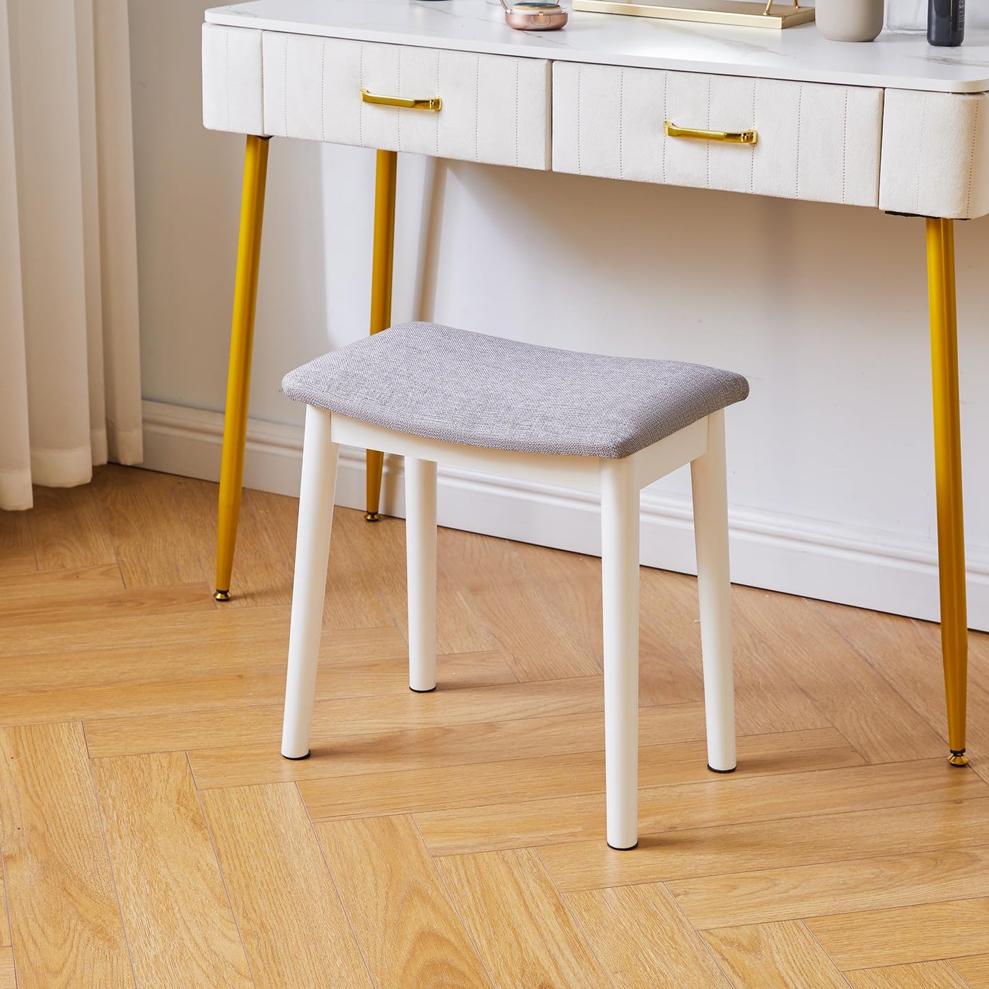 IBUYKE Saddle Cushion Vanity Stool Chair, Foot Rest Stool with Solid Wood Legs, Modern Vanity Bench Ottoman for Piano, Upholstered Seat for Bedroom, Entryway, White Legs&Light Gray WBD007WG