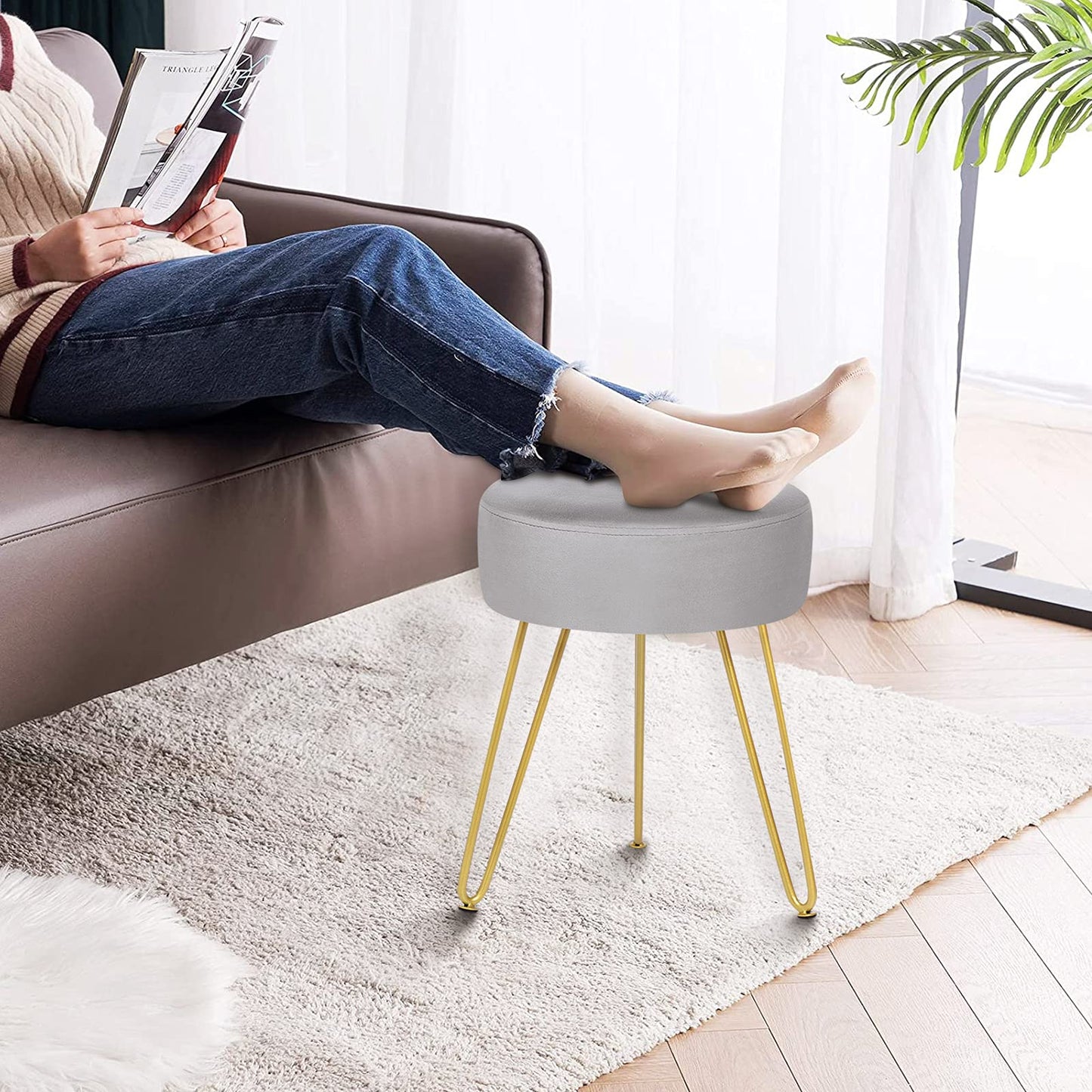 YOONIC Velvet Soft Modern Vanity Stool -Round Footrest Stool Ottoman Side Table Seat Dressing with Golden Metal Leg and Sponge Filling,Upholstered Foot Rest, for Living Room and Bedroom (Gray)