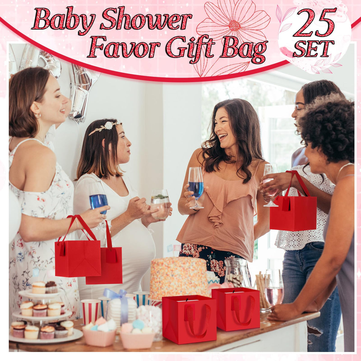 Windyun 25 Pcs Mini Paper Gift Bags with Handle 6 x 6 x 6'' Square Small Favor Bag with DIY Thank You Tag for Christmas Birthday Wedding Bridal Shower Bridesmaid Graduation Party (Red)