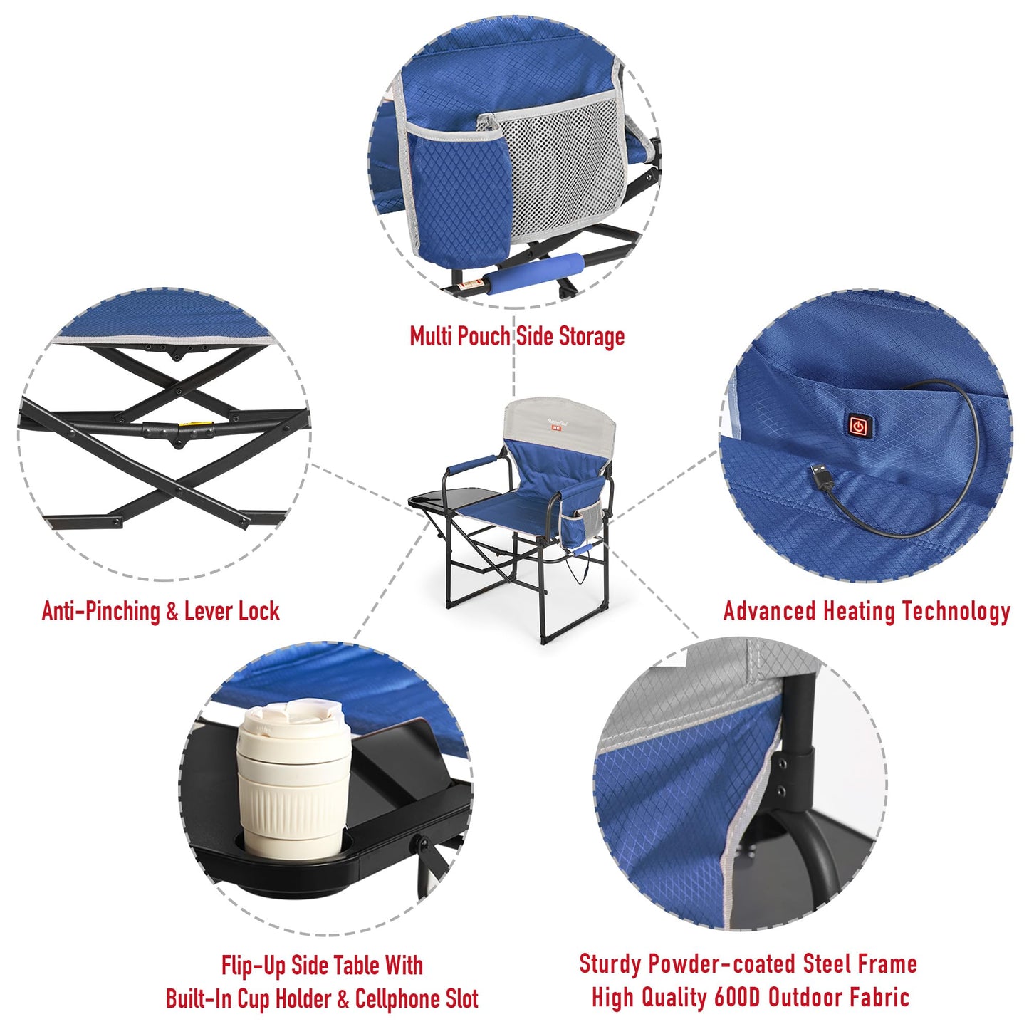 SUNNYFEEL Heated Camping Directors Chair, Heavy Duty,Oversized Outdoor Portable Heating Folding Chair with Side Table, Pocket for Beach, Fishing,Trip,Picnic,Lawn,Concert Foldable Camp Chairs