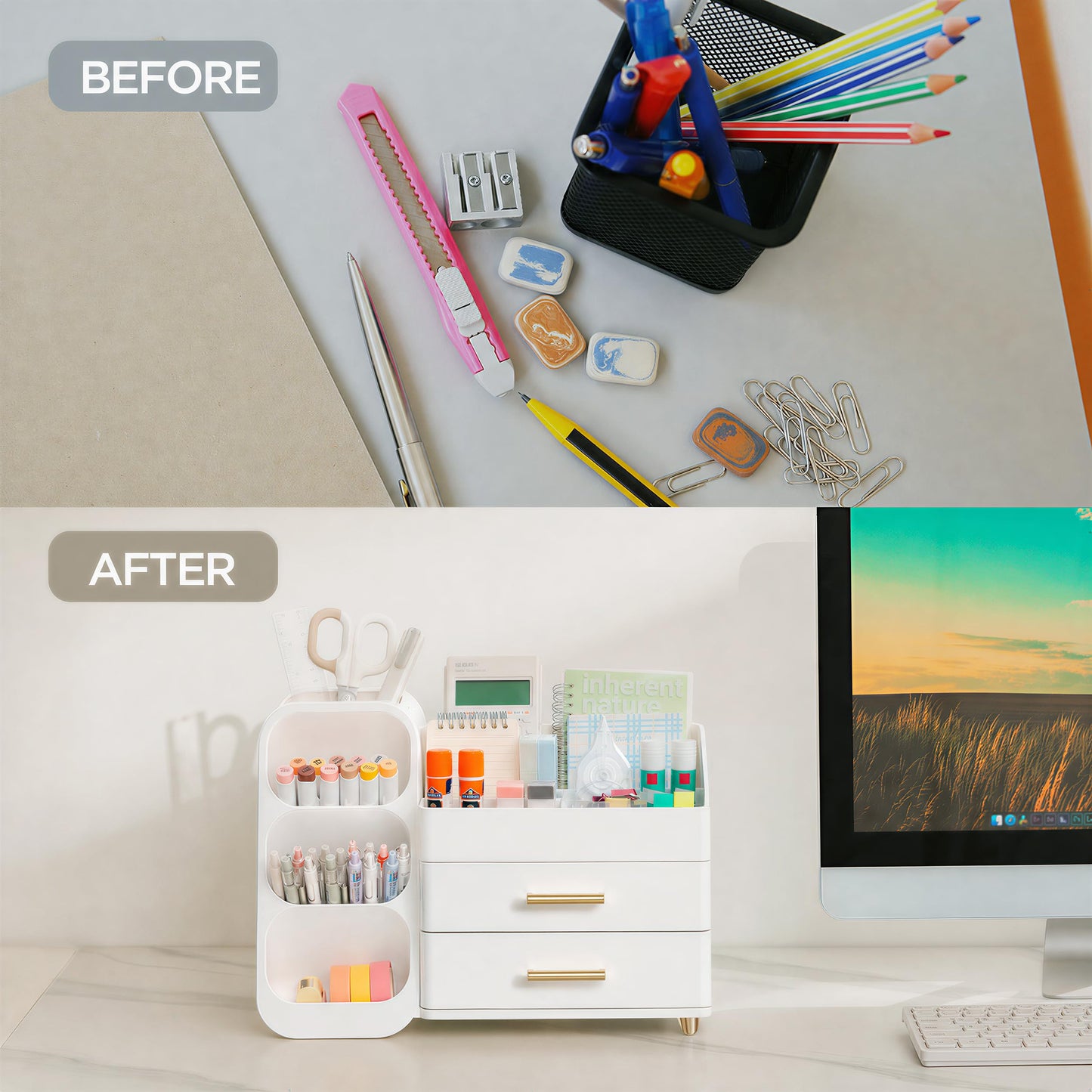 HBlife Desk Organizer with Pen Pencil Holder for Desk, Pen Organizer with 2 Drawers, Desk Organizers and Accessories with 4 Compartments, Desktop Storage for Office Home School Art Supplies, All White