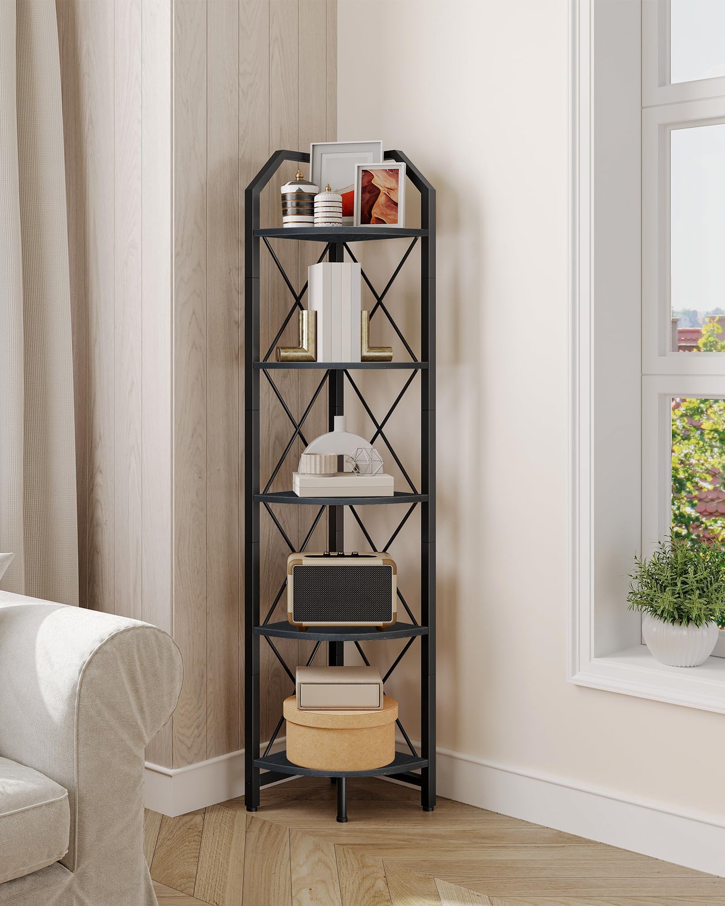 CHOEZON 5-Tier Corner Shelf, Industrial Corner Bookshelf, 59.4" Corner Storage Stand, Plant Stand Display Shelf, Corner Bookcase for Bedroom, Living Room, Home Office, Black TCJ10BB