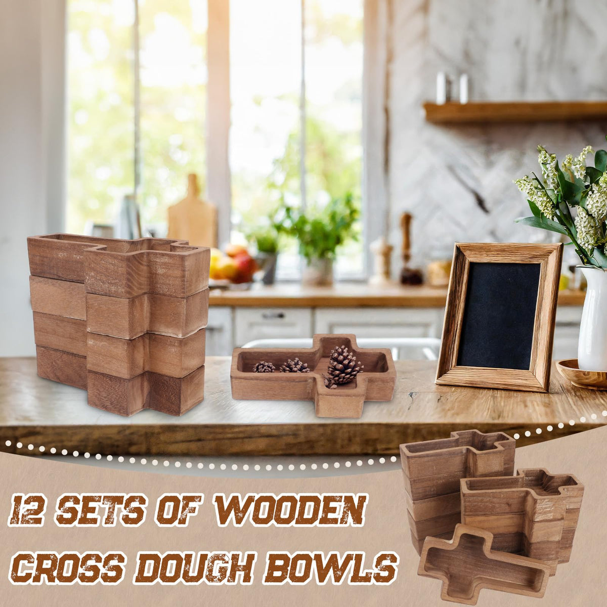 HEYTIMI 12 Pack Wooden Cross Dough Bowls, 7.42" x 4.33" Paulownia Wood Dough Bowl Set for Candle Making, Rustic Farmhouse Decor, Religious Ceremony Centerpiece, Christian Faith Gifts