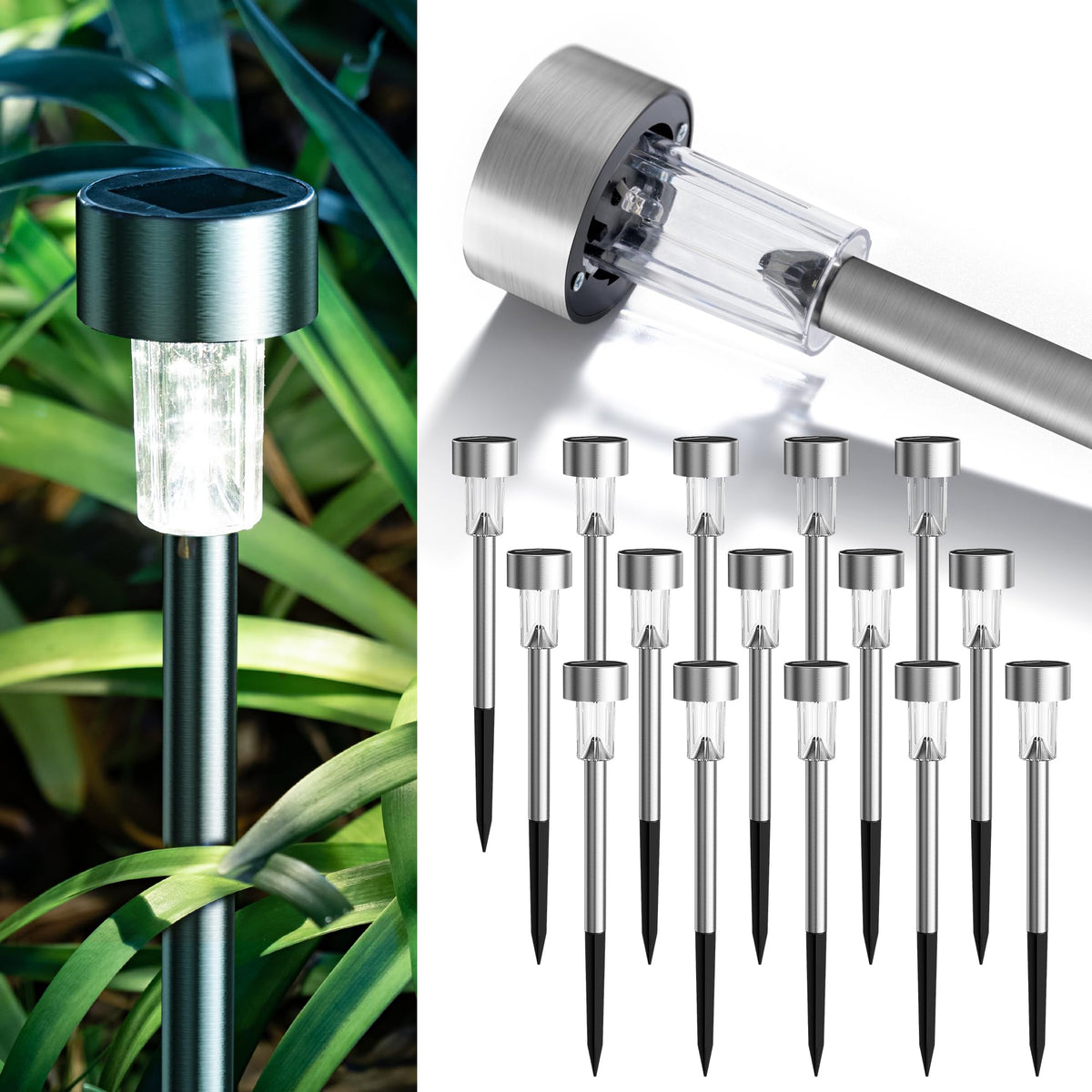 GIGALUMI 16 Pack Solar Lights Outdoor Waterproof,Stainless Steel LED Solar Garden Lights for Patio, Lawn, Yard and Landscape(Cold White)