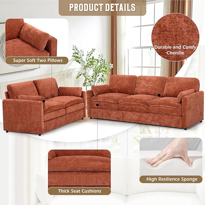 Classic Chenille Sofa Set with 2 Extra Armrest Pillows, Loveseat and 3-Seat
