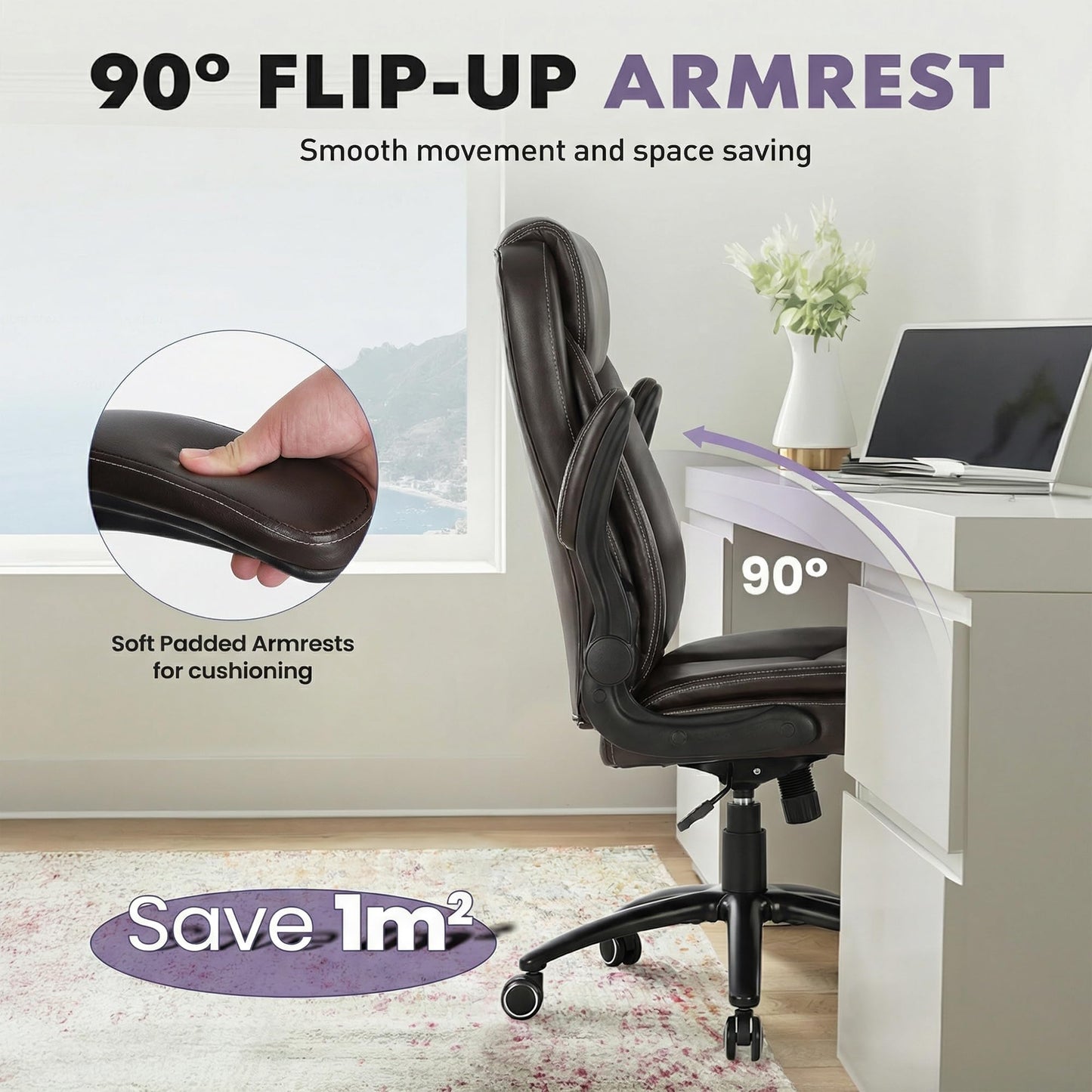 MALOL Ergonomic PU Leather Office Chair with Flip-Up Armrests & Reclining Backrest, 300lbs Thick Padded Seat Executive Desk Chair-Adjustable Height & Tilt Tension, Brown