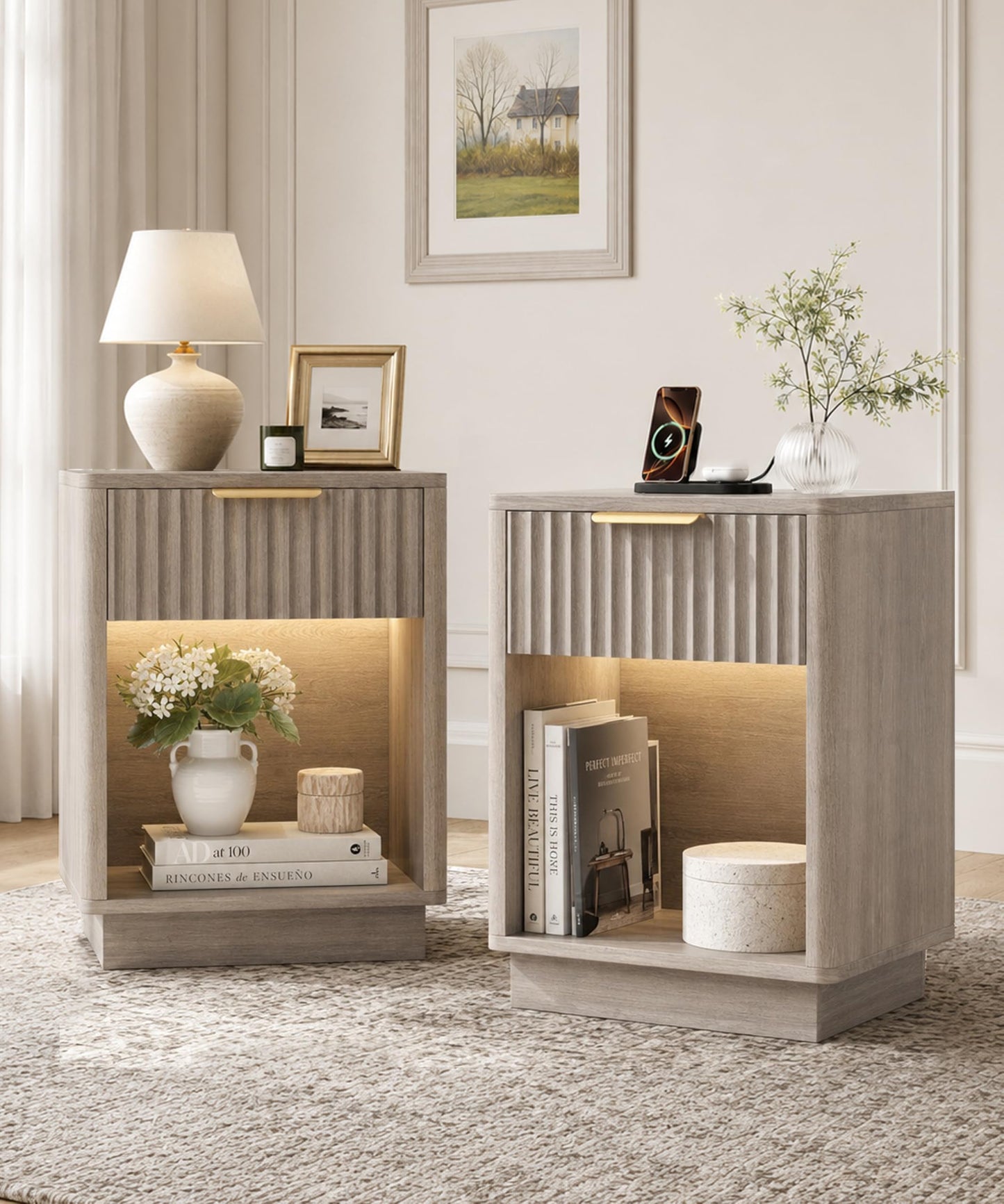 Akxomel Fluted Nightstands Set of 2, Wooden Night Stand with Charging Station and LED Light, Modern Mid Century Bed Side End Table with Drawer, 15" D x 15.7" W x 22.6" H, for Bedroom, Greige