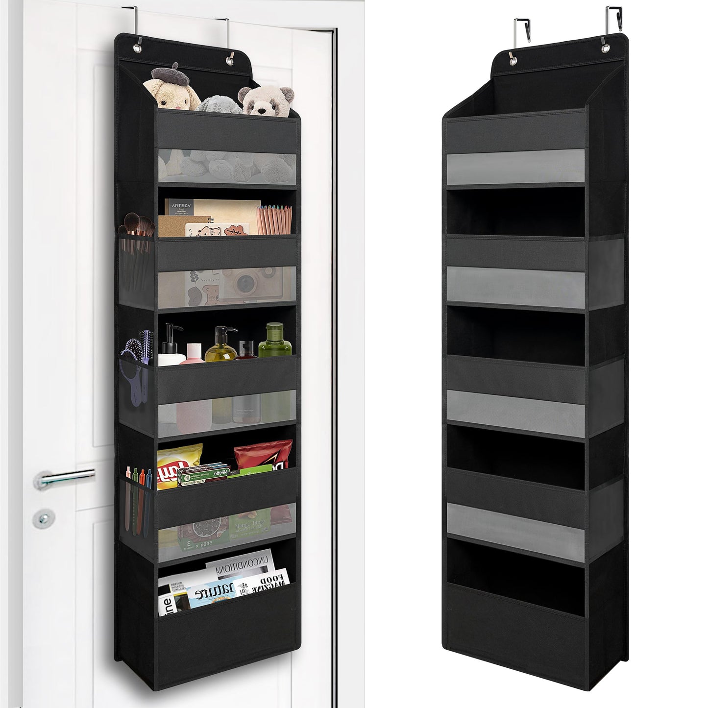 TYMENSH Black Over Door Organizer with 5 Large Clear Pockets and 6 Side Mesh Pockets, Anti-Tilt Hanging Door Storage for Closet, Bathroom, Nursery, Bedroom, Dorm, Toys, Cosmetics