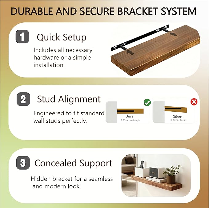 Solid Wood Floating Shelves, 11.8in Finished Real Wood Wall Shelves