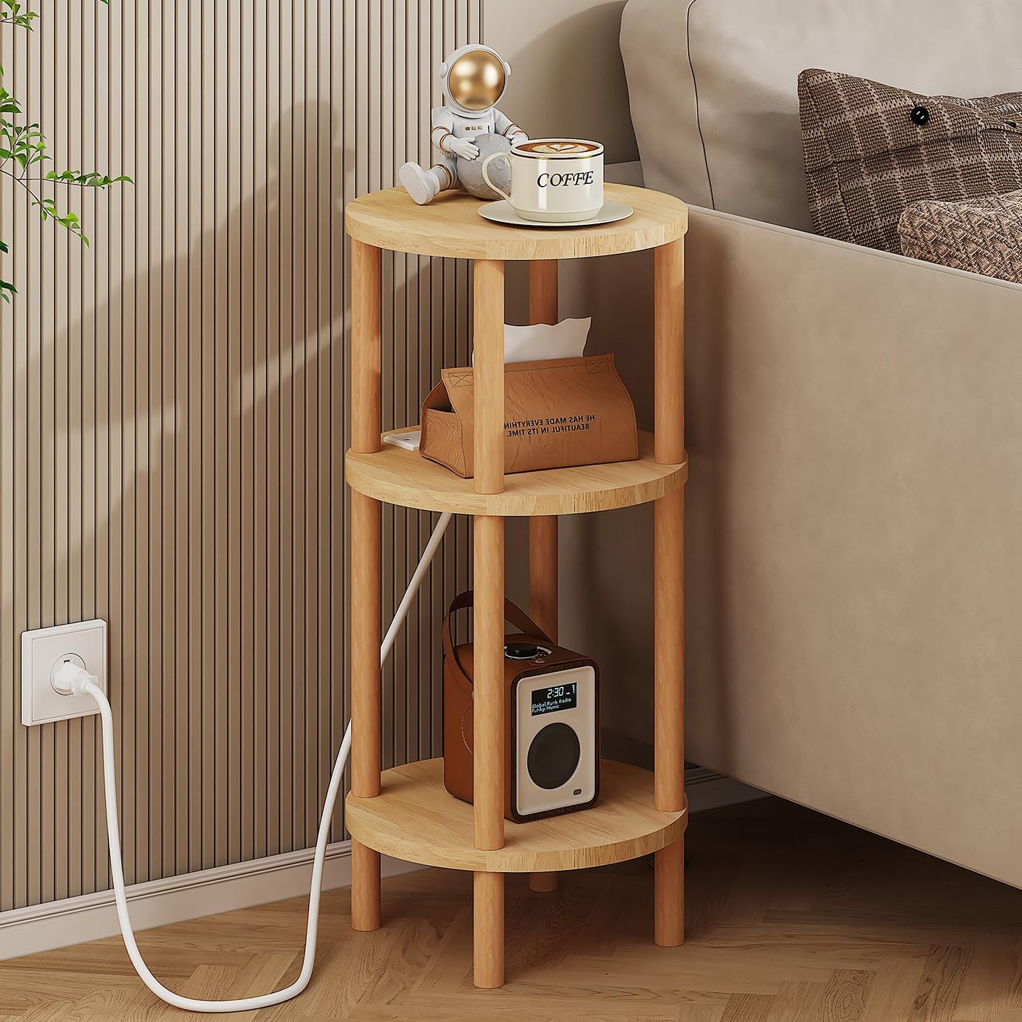 LUCKNOCK Small Round Side Table with Charging Station, 3-Tier Solid Wood End Table, Narrow Compact Sofa Bedside Table for Small Spaces, Easy Assembly for Living Room, Bedroom, Apartment (Natural)