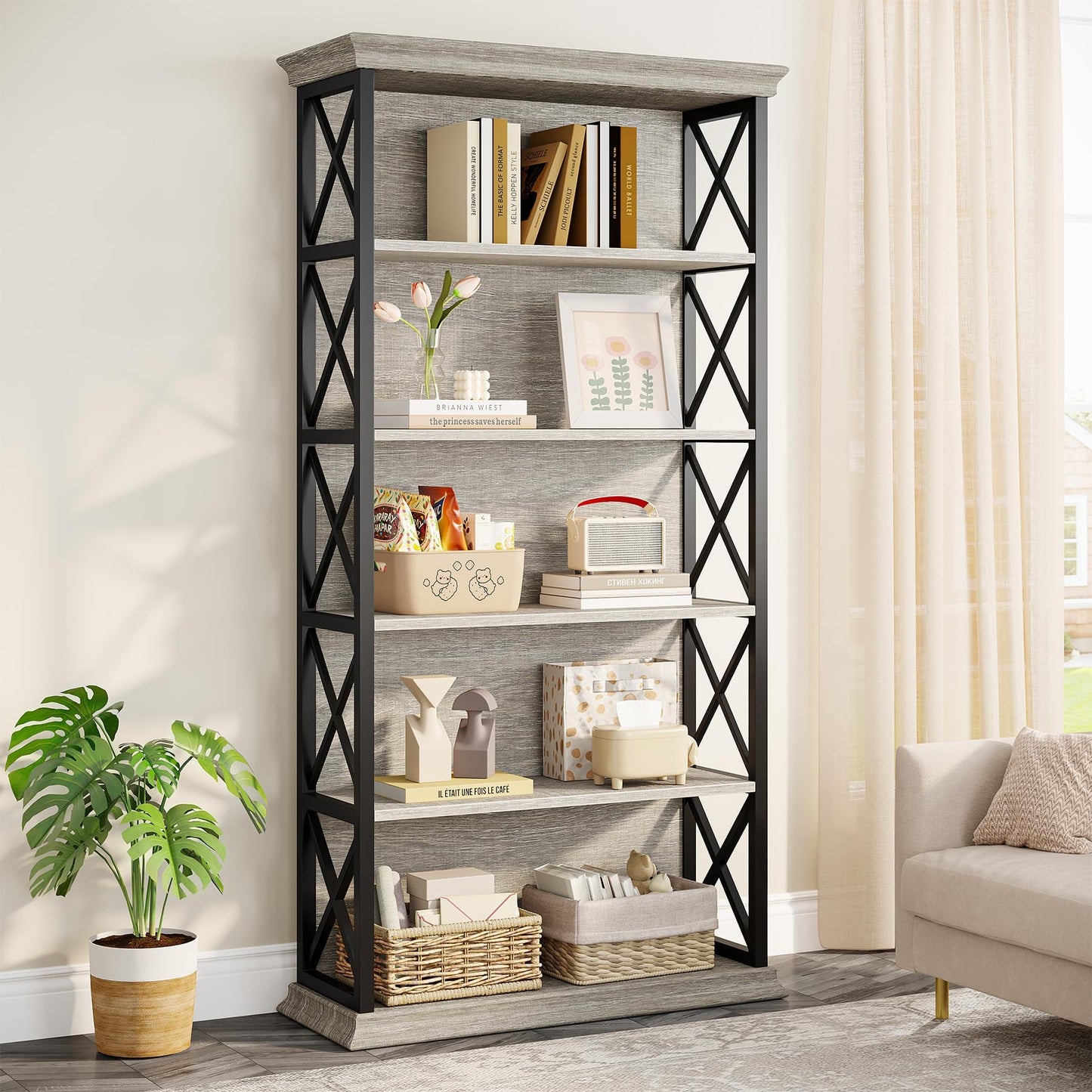 Tribesigns 6-Tier Bookcase, 71 Inches Industrial Bookshelves and Bookcases, Floor Standing 5 Shelf Display Storage Shelves Tall Bookcase for Home Office, Living Room, Bed Room, Grey