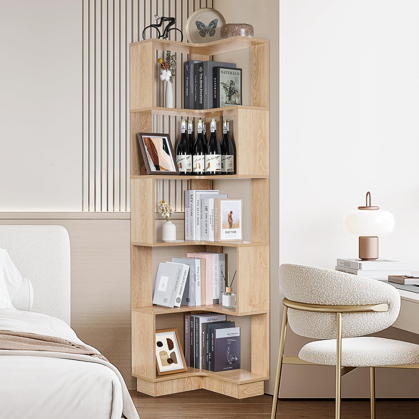 GOOFCXO Wooden Corner Bookcase, 5 Tiers Corner Bookshelf 68.9" L-Shaped Storage Display Rack Tall Large Open Bookshelf with Fixture for Living Room Bedroom Study Office