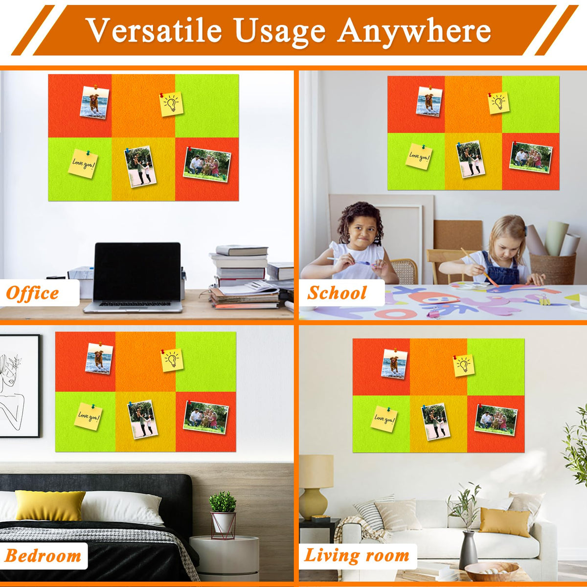 HULAVO Square Felt Cork Bulletin Board Tiles, Self Adhesive DIY Felt Pin Board for Wall 30" x 20" with 35 Pushpins for Office School Home Wall Decor Stickers Memos Photos Display (Gradual Orange)