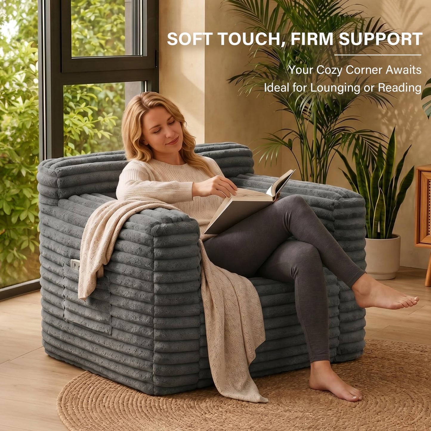 Tiita Bean Bag Chair for Adults, Foam Lounge Chair with Back Support and Armrests, Soft Corduroy Cover, Removable Washable Sofa Chair for Reading, Gaming, Living Room & Bedroom, Dark Grey