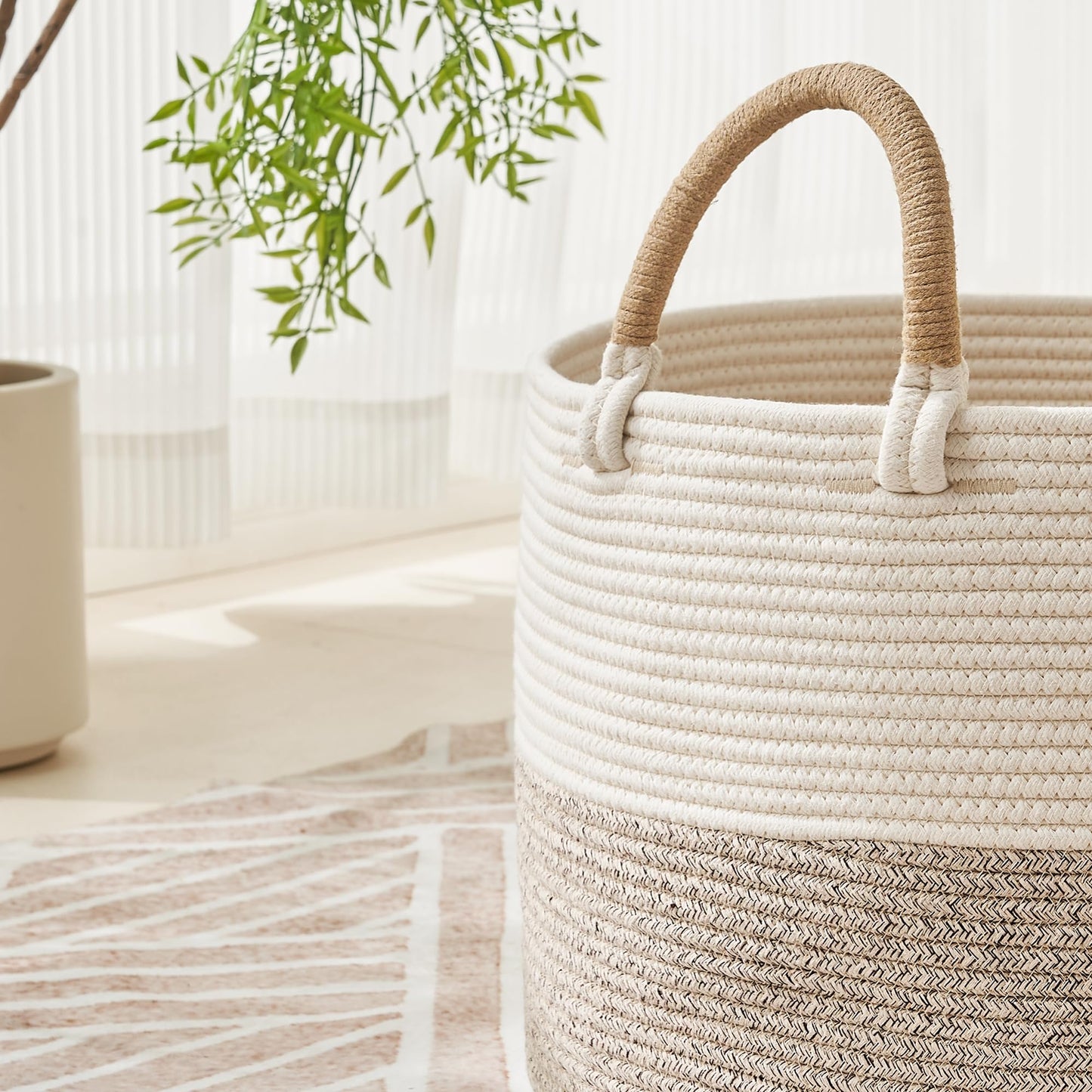 KAKAMAY Cotton Rope Storage Basket (20"x13"),Woven Hamper for Blankets,Toys,Pillows,Clothes,Laundry,Sturdy Handles Decorative Basket for Living Room, Bedroom,Nursery(Beige)
