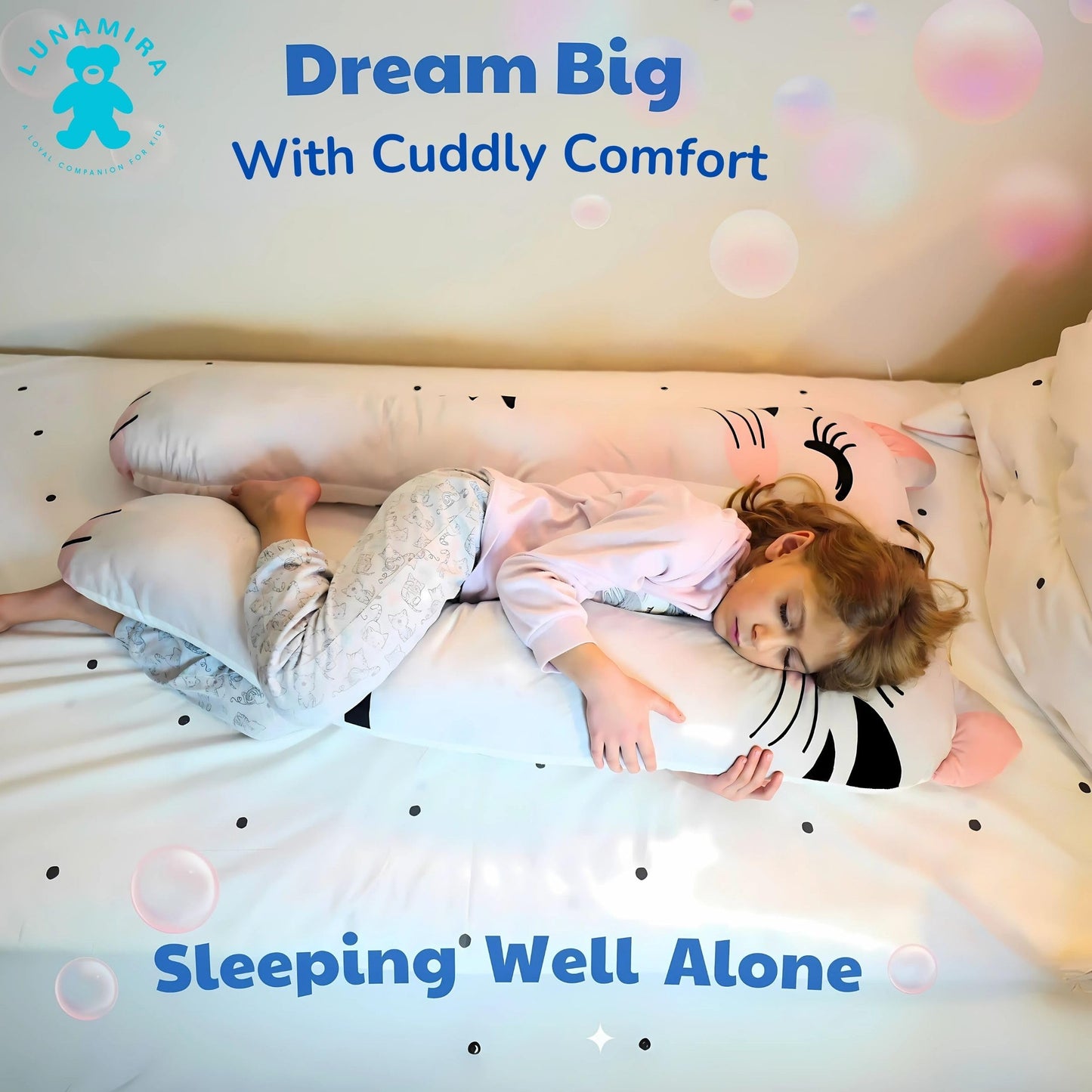 LUNAMIRA Cat Kids Body Pillow - 47" U-Shape Long Plush Soft Animal Pillow for Kids, Sleeping, Reading, ADHD & Special Needs Comfort, Anxiety, Washable Cover, Snuggle Fun Cuddle Gift for Boys & Girls