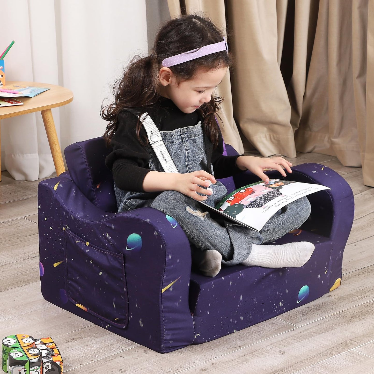 MOMCAYWEX Kids Sofa, 2-in-1 Flip-Out Foam Couch, Foldable Soft Play Lounge Chair, Dark Purple