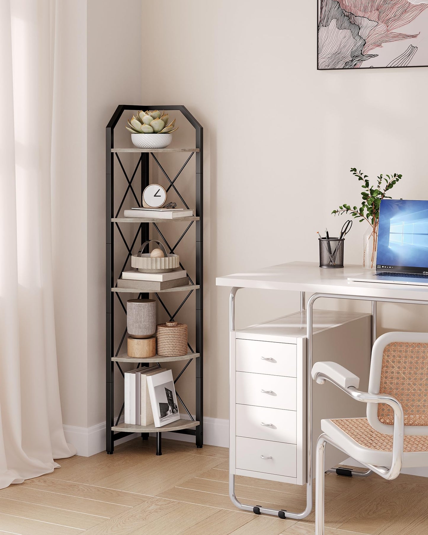 CHOEZON 5-Tier Corner Shelf, Industrial Corner Bookshelf, 59.4" Corner Storage Stand, Plant Stand Display Shelf, Corner Bookcase for Bedroom, Living Room, Home Office, Greige and Black TCJ10BG