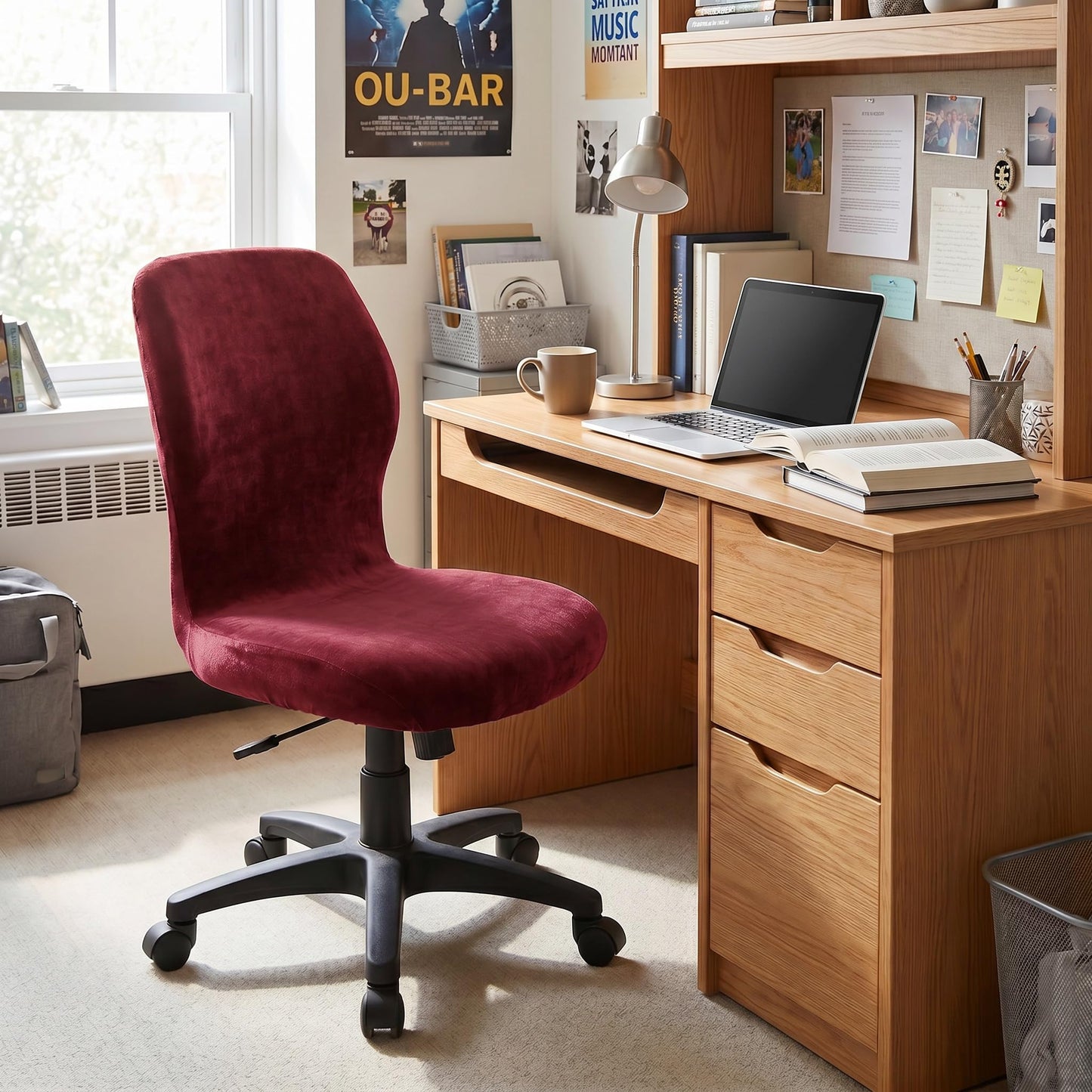 Deisy Dee Velvet Stretch Armless Office Chair Covers - Colorful Stretch Slipcover for Desk Chairs (Burgandy)
