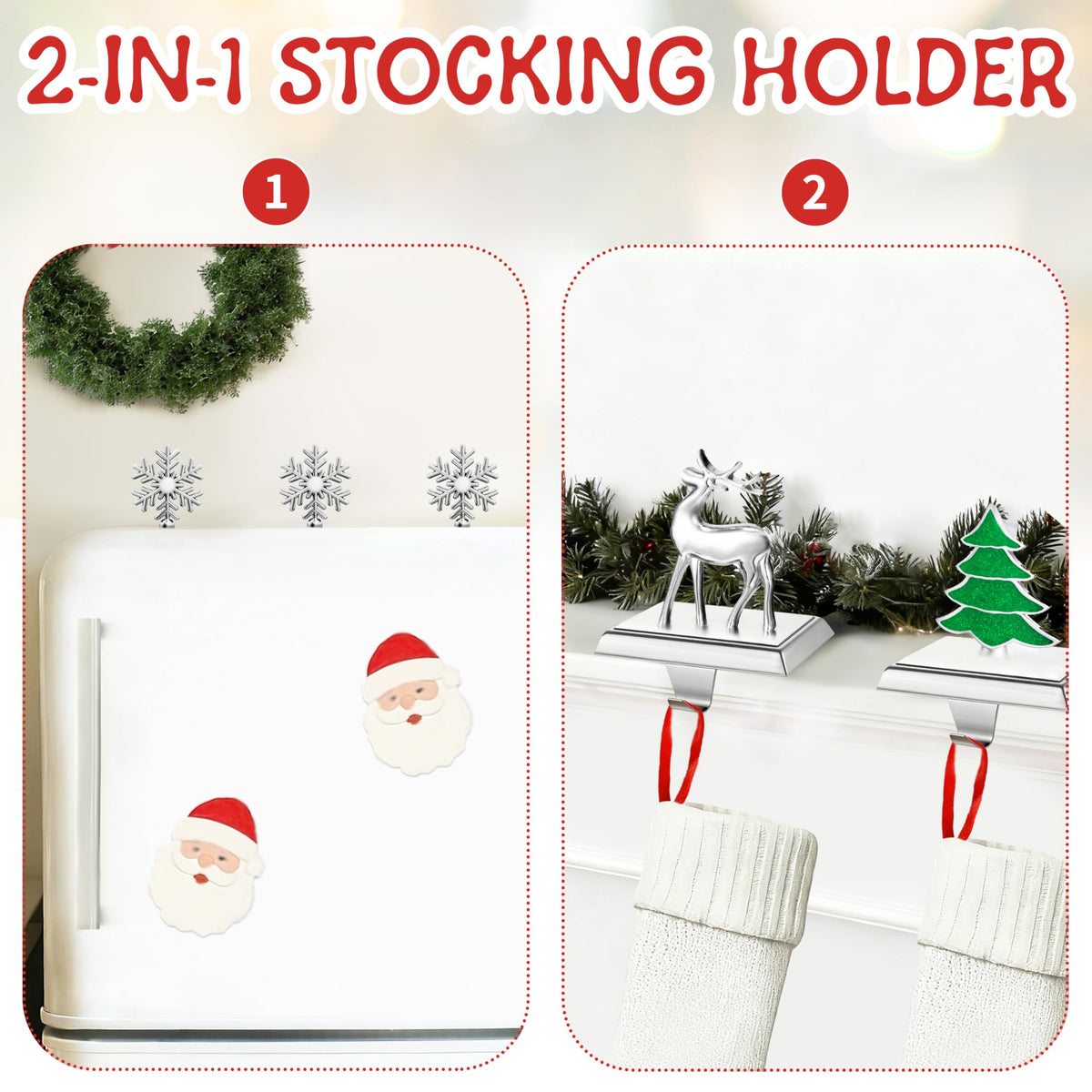 SYITCUN Stocking Holders for Mantle, 4 Pcs Weighted Christmas Stocking Holder, Magnetic Silver Snowflakes Stocking Hooks for Fireplace