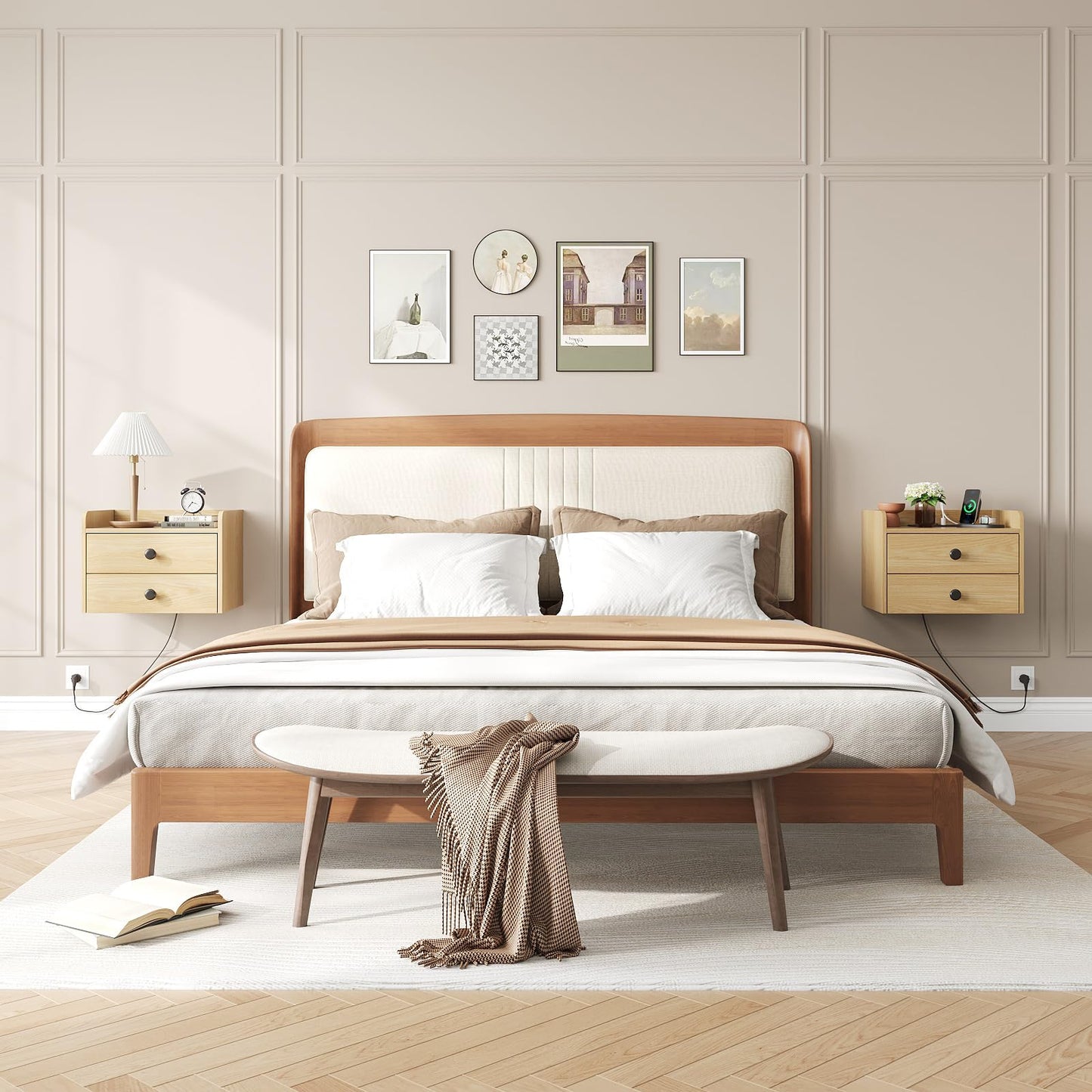Floating Nightstand Set of 2 with 2 Storage Drawers and Charging Station Wood Wall Mounted Bedside End Table Modern Night Stands Set 2 for Bedroom,Small Space,Natural