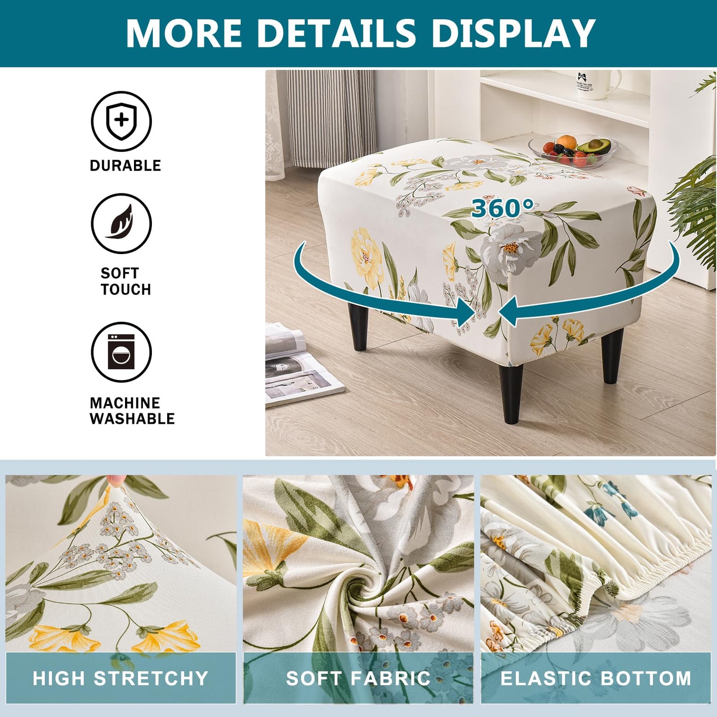 KRFOONN Ottoman Slipcovers Stretch Rectangle Footrest Stool Covers Printed Ottoman Cover for Foot Stool Furniture Protector with Non Slip Elastic Bottom(25, X-Large)