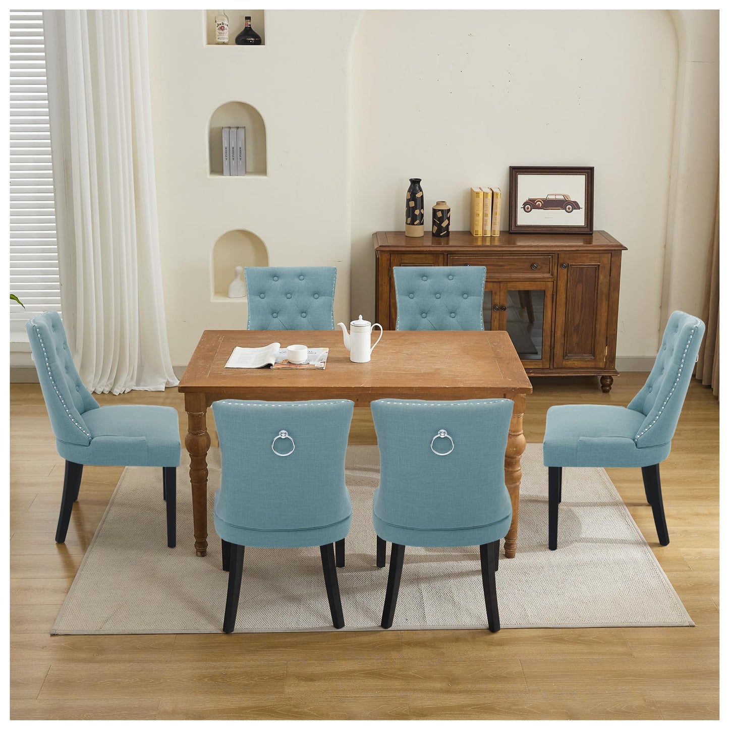 UDAX Upholstered Tufted Dining Chairs Set of 4, Fabric Side Dining Room Chairs with Nailhead Back Ring Pull Trim Solid Wood Legs, Blue