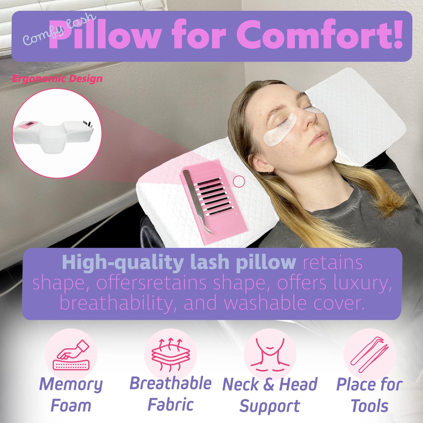 XOLLOZ Lash Pillow for Eyelash Extensions - Curved Memory Foam Bed Pillow, Ergonomic Head Rest with Neck Support, Side Pockets for Tools, Fits Lash Beds Tech – White