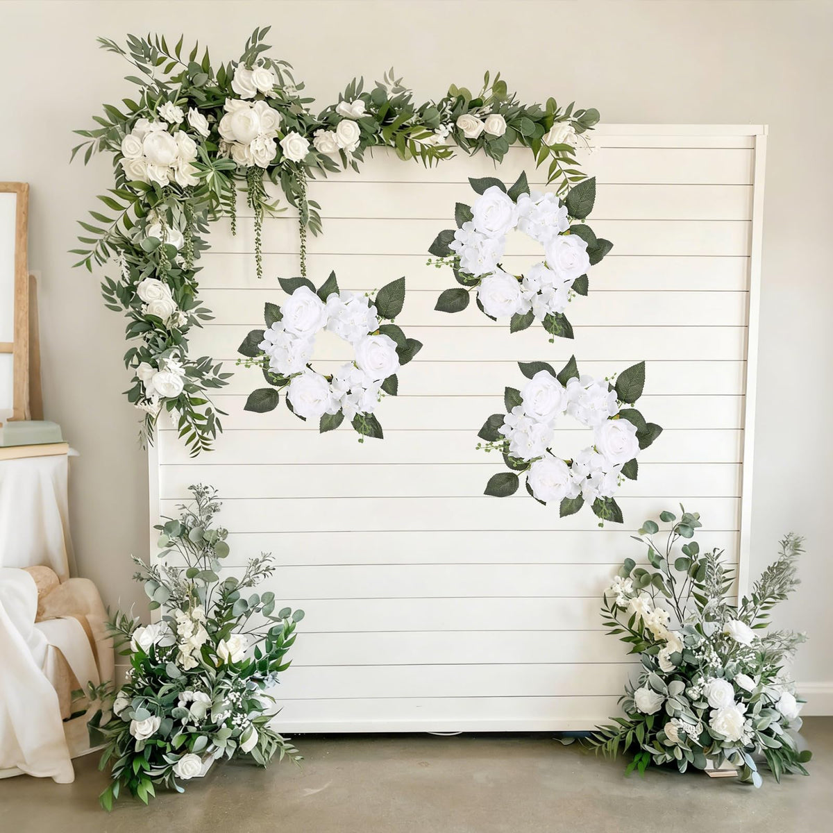 UUXX White Artificial Flowers Candle Rings Wreaths for Pillars, 4pcs Silk Roses Hydrangea Floral Candle Wreaths Rings for Table Centerpieces Wedding Valentine's Day Party Decor (White)