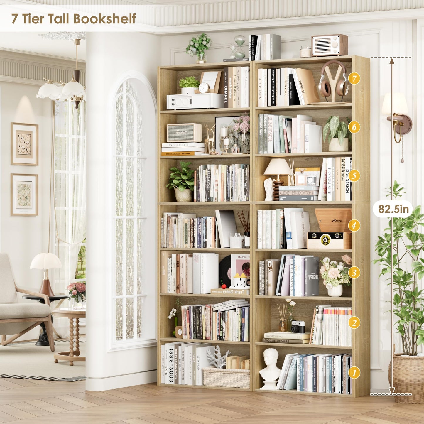 FACBOTALL 82" Tall Bookshelf, 7-Tier Open Shelves Bookcase, Freestanding Display Storage Shelves, Tall Bookcase Home Decor Furniture for Home Office, Living Room, Bedroom, Light Oak