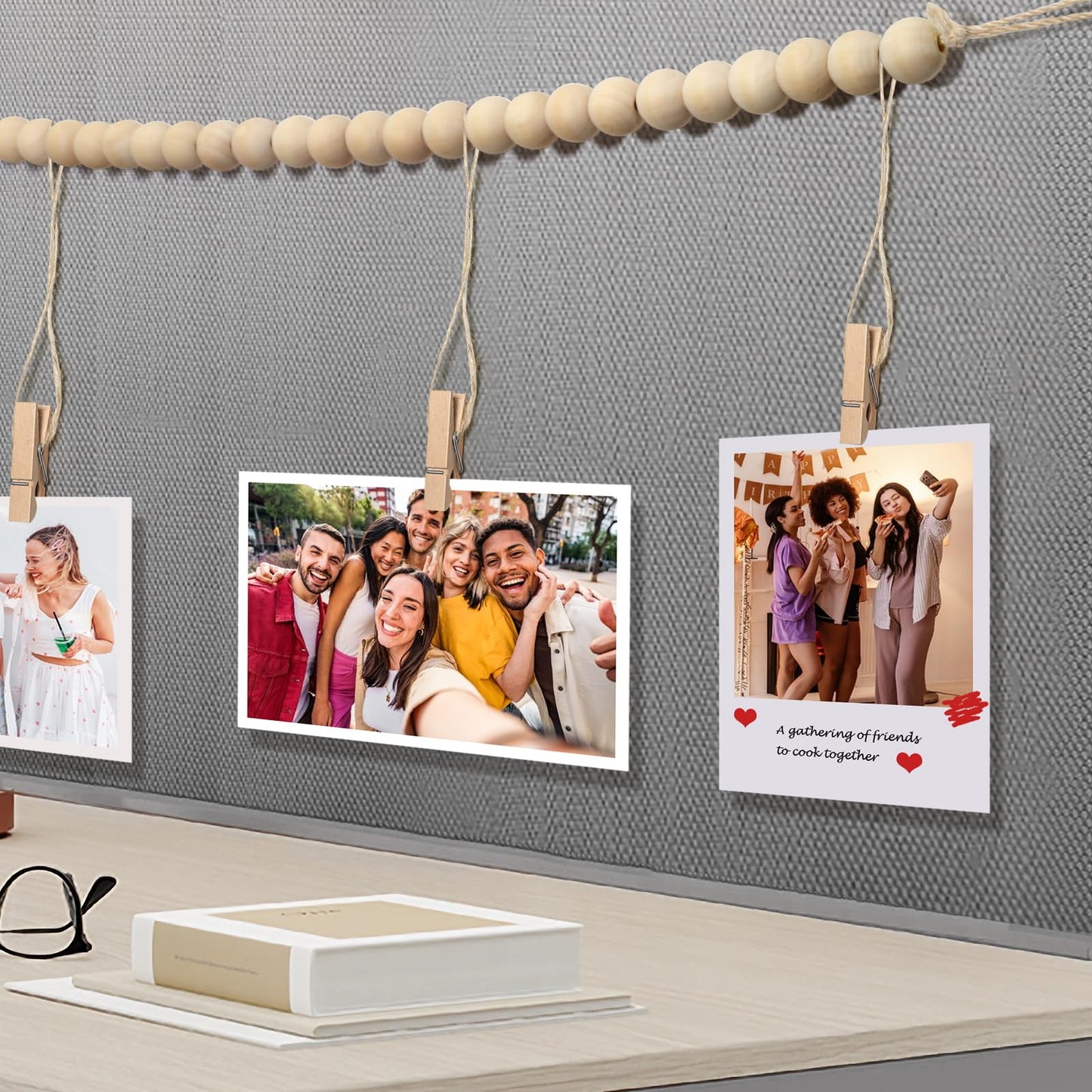 Office Cubicle Hanging Photo Display with Clips, 9 Wood Clips,2 Cubicle Clips for Fabric Wall, Photo Hanger for Boho Office Cubicle Decor, Boho Desk Decor