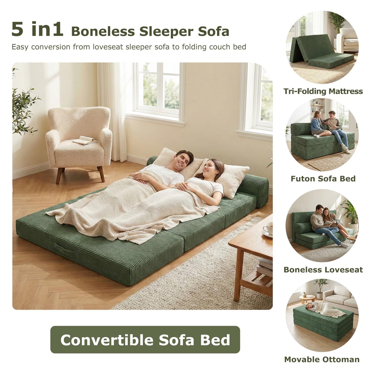 NLDD 5-in-1 Convertible Sofa Bed, Boneless Couch Loveseat with Removable Cushions & Washable Cover, Futon Sofa Bed with Handle, Pull Out Couch for Small Spaces, Queen Size, Green